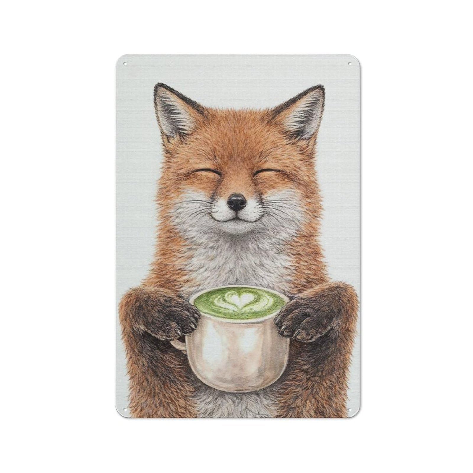 Old Style Fox Enjoying Matcha Latte Metal Sign 30x20cm, Bar Wall Plaque for Diner, Restaurant, Shed Or Kitchen