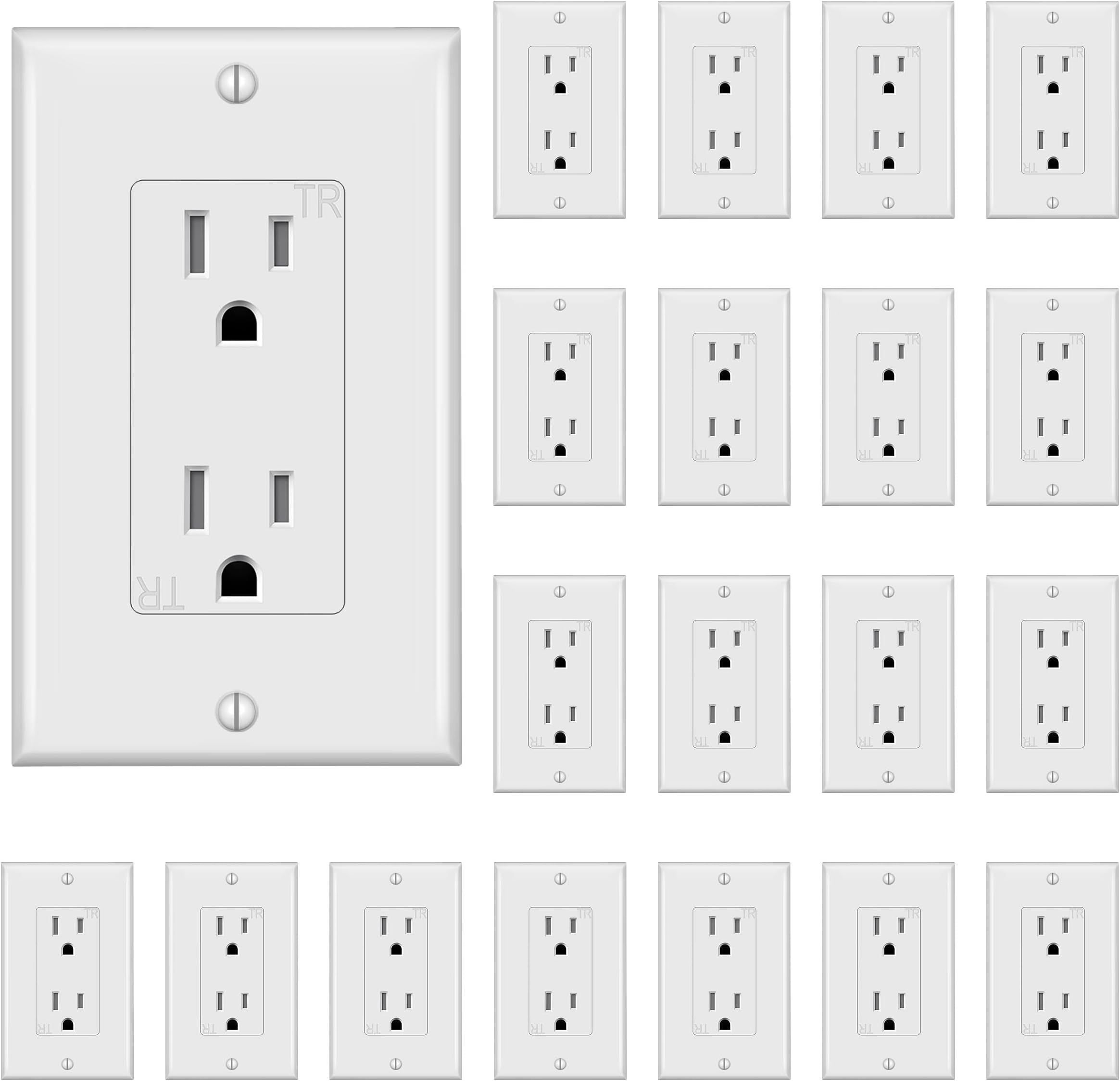 Decorator Receptacle Outlet,Wall Outlet with Wall Plate, Tamper-Resistant Electrical Outlet, Residential Grade, 3-Wire, 15A 125V, Self-Grounding, 2-Pole, UL Listed, White (20 Pack)