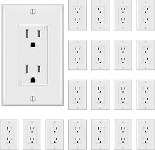 Decorator Receptacle Outlet,Wall Outlet with Wall Plate, Tamper-Resistant Electrical Outlet, Residential Grade, 3-Wire, 15A 125V, Self-Grounding, 2-Pole, UL Listed, White (20 Pack)
