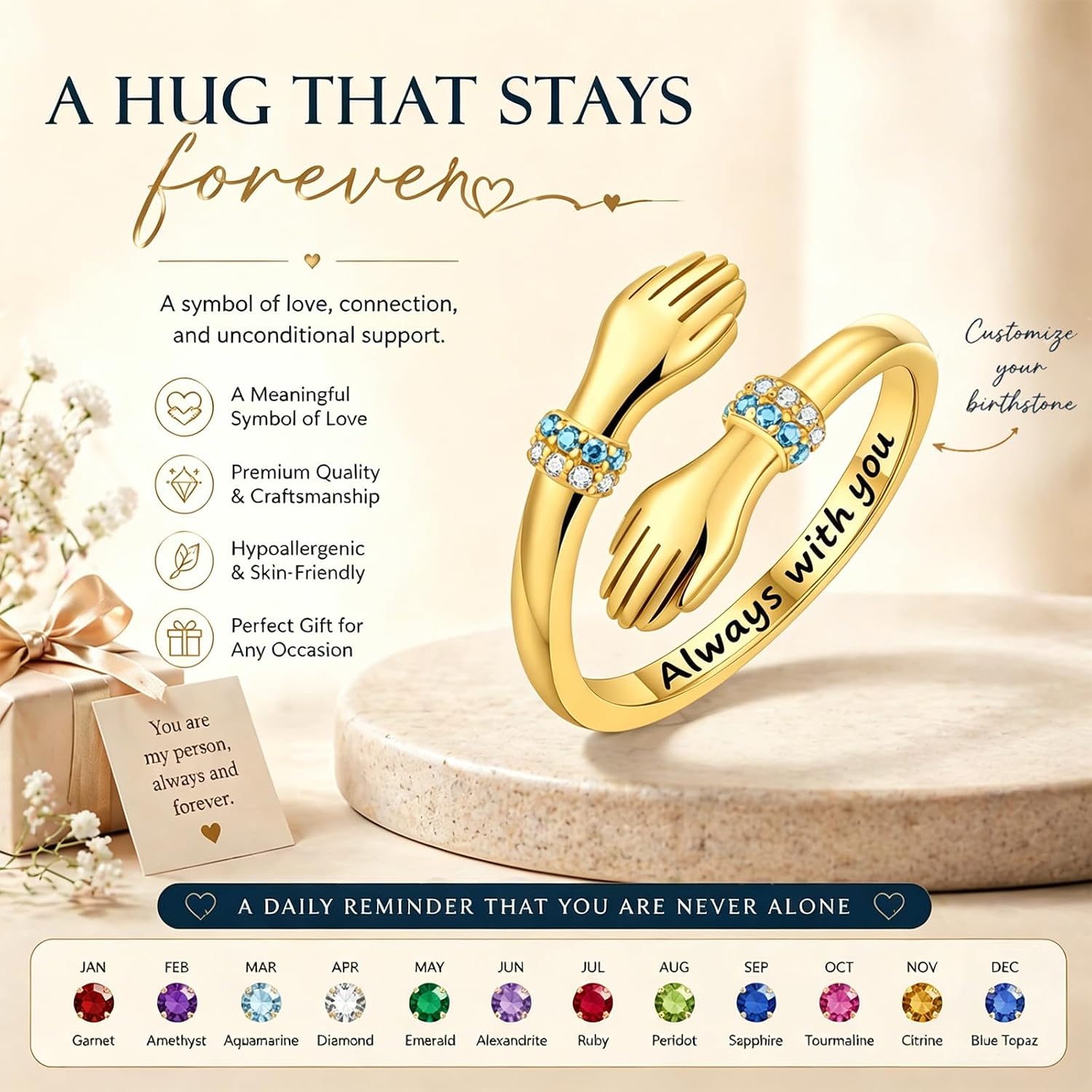 18K Yellow Gold Hug Rings with 12 Months Birthstone Hug Ring Always With You Ring Christmas Jewelry Gifts for Women Mom Her