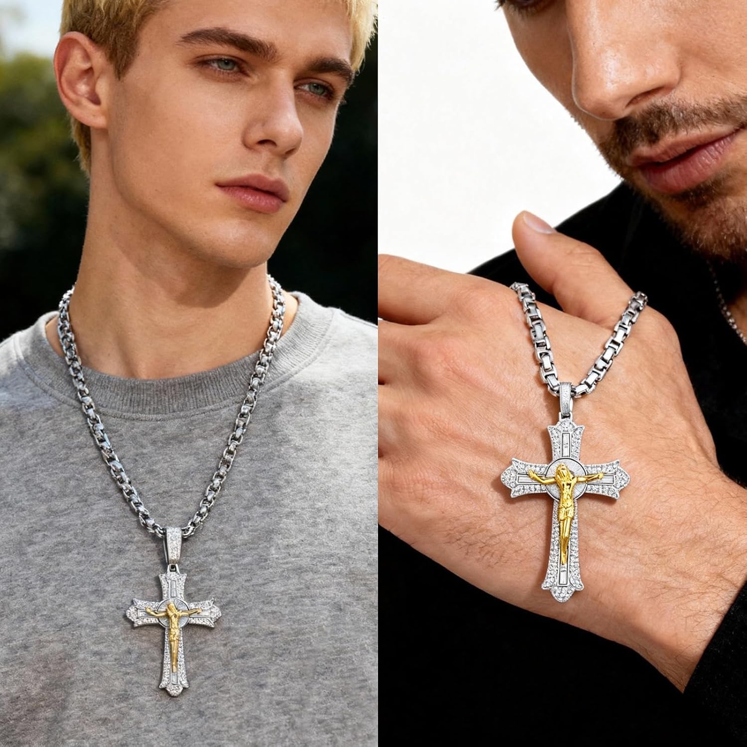 Moissanite Jesus Cross Necklace for Men Women,925 Sterling Silver Crucifix Cross Pendant Religious Jewelry,Large Ice Out Diamond Crucifix Cross Necklace Gift for New Year - Image 3