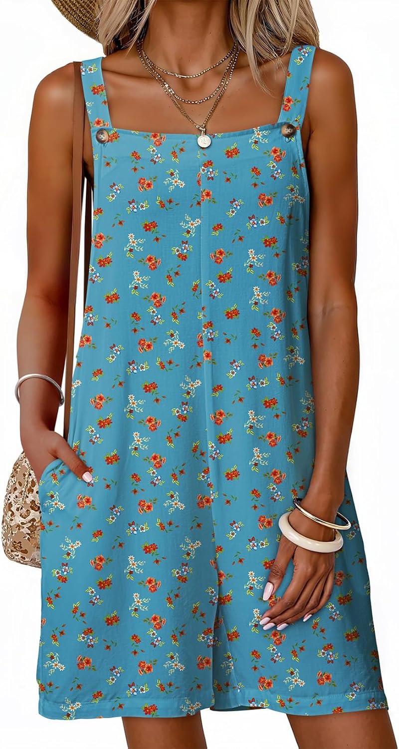 Dokotoo Women's Casual Rompers Loose Overalls One Piece Sleeveless Printed Wide Leg Short Pant Jumpsuits With Pockets