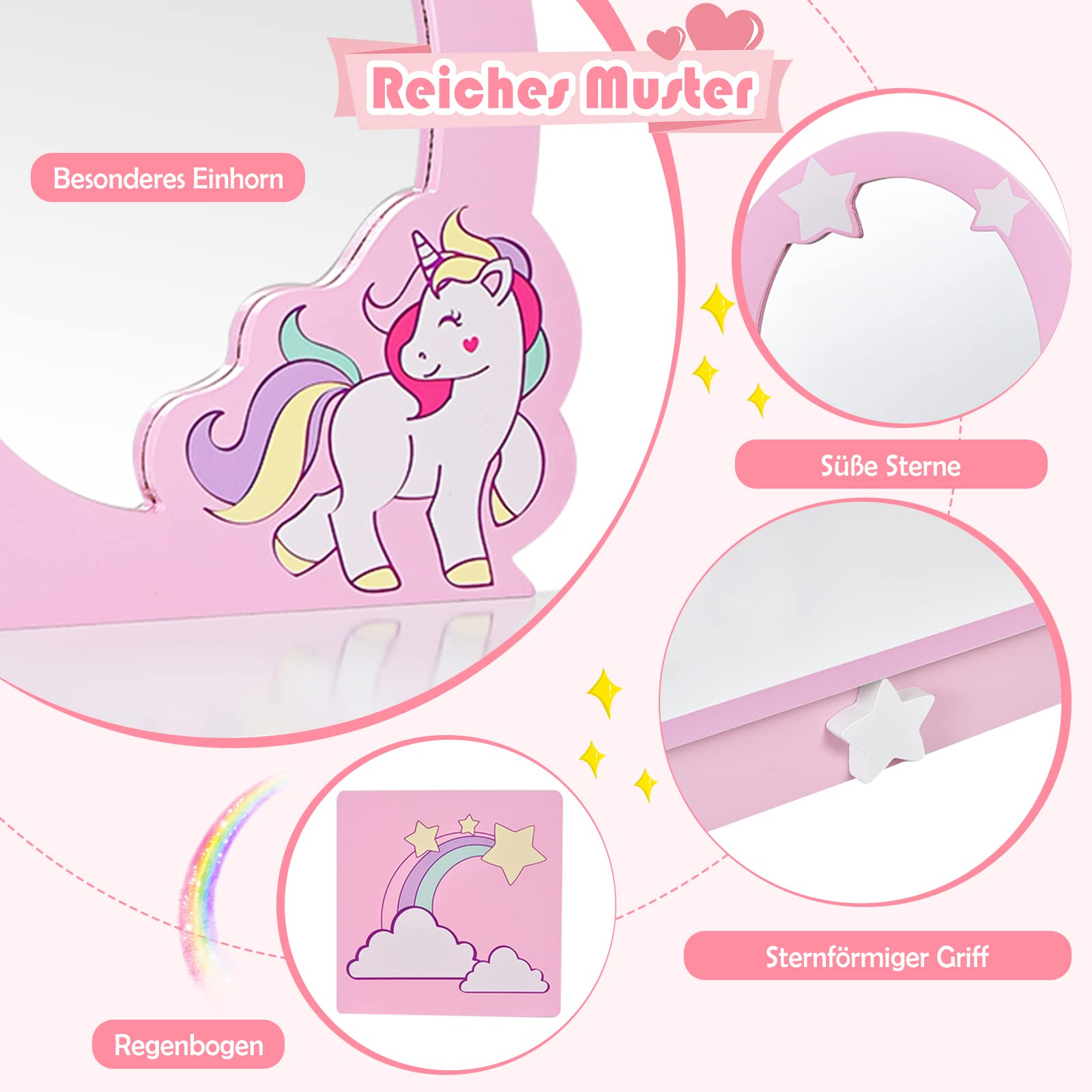 GOPLUS Schminktisch Kinder, Frisiertisch mit Hocker & abnehmbarem Spiegel & Schublade, Kosmetiktisch mit Haarband & Haarspange, Schminktisch Einhorn aus Holz für Mädchen ab 3 Jahren (Weiß)