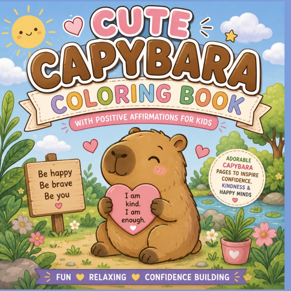 Cute Capybara Coloring Book With Positive Affirmations for Kids & Teens: 50 Cute & Relaxing Coloring Pages with Positive Affirmations, Self-Love, Confidence, Mindfulness & Happiness for Kids and Teens