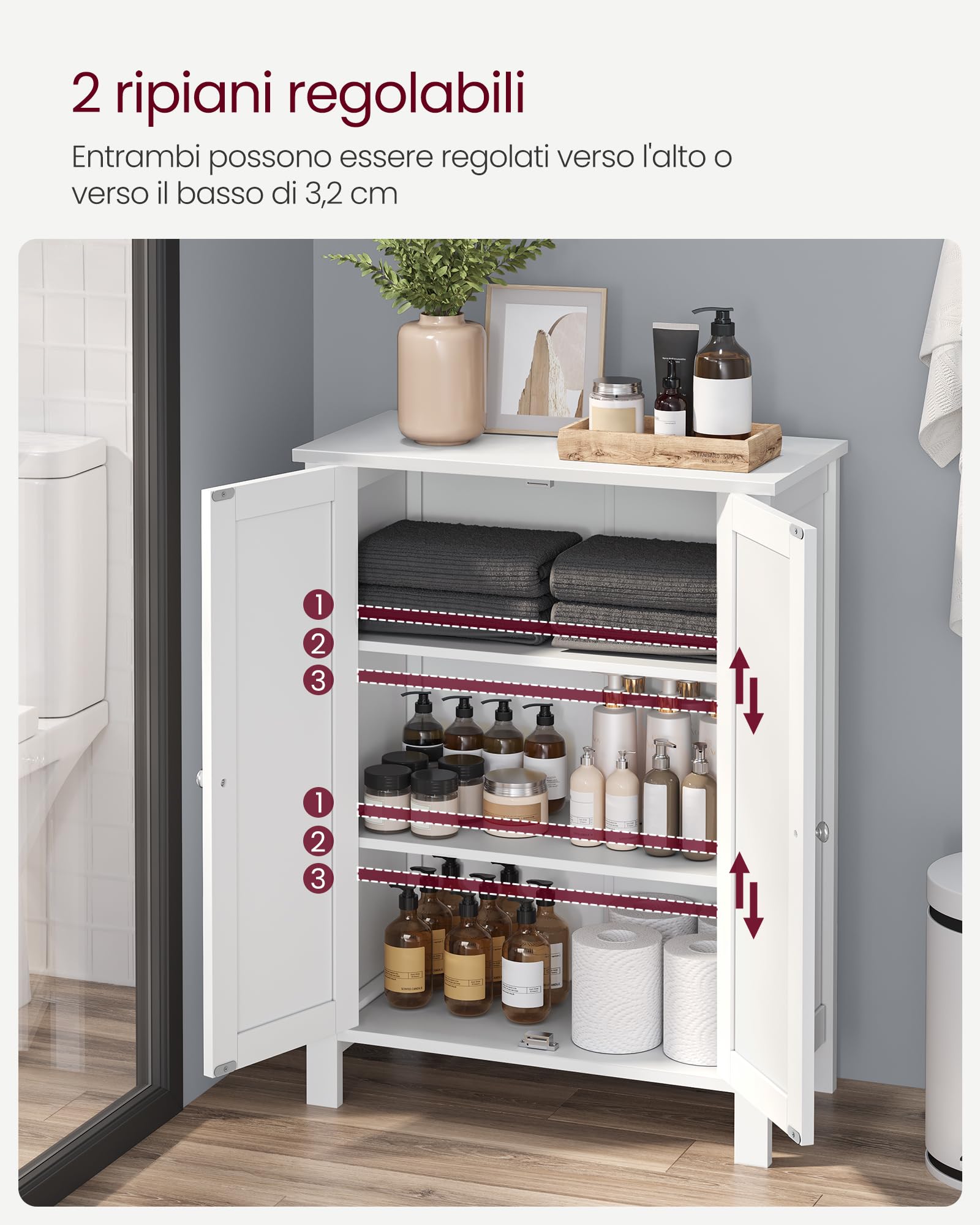VASAGLE Armadio da Bagno Autoportante, Mobile da Bagno, Organizzatore Portaoggetti, con 2 Ripiani Regolabili, 30 x 60 x 80 cm, Bianco BCB60W