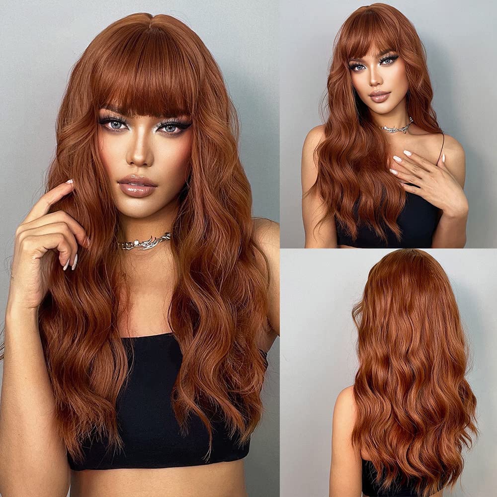 iShine Ginger Wig for Women, Dark Copper Brown Wig with Bangs, Long Auburn Wig Synthetic No Lace Wigs with Full Bangs, Orange Hair Wig Heat Resistant Fiber for Women Girl 24 inch