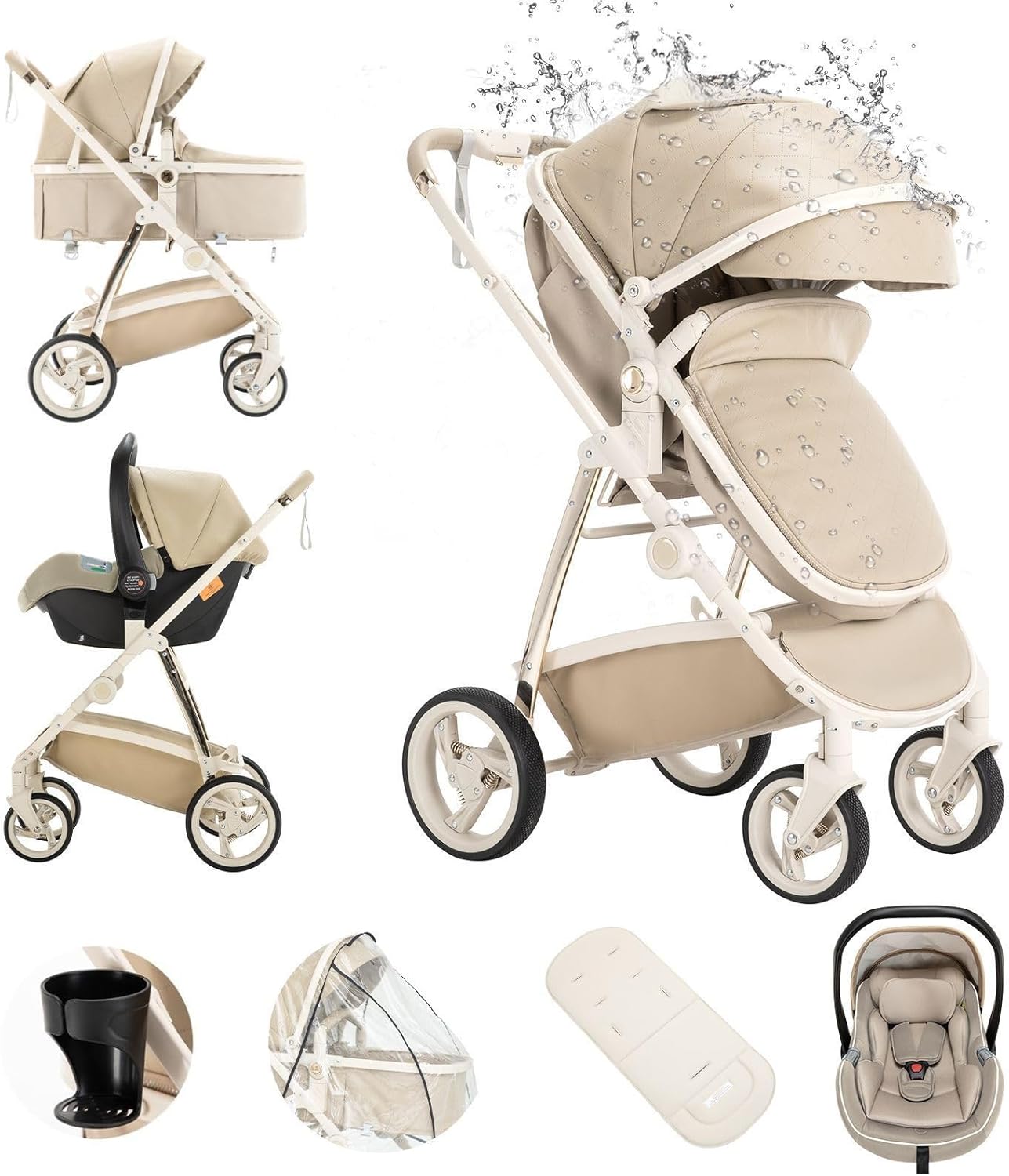 Kakbgee Leather 3 in 1 Pushchair Travel System, Pram Travel System with ECE R129 Car Seat, One-Hand Foldable Baby Pram, High View Aluminum Frame Baby Stroller for Newborn(22KG, 0-4Years)