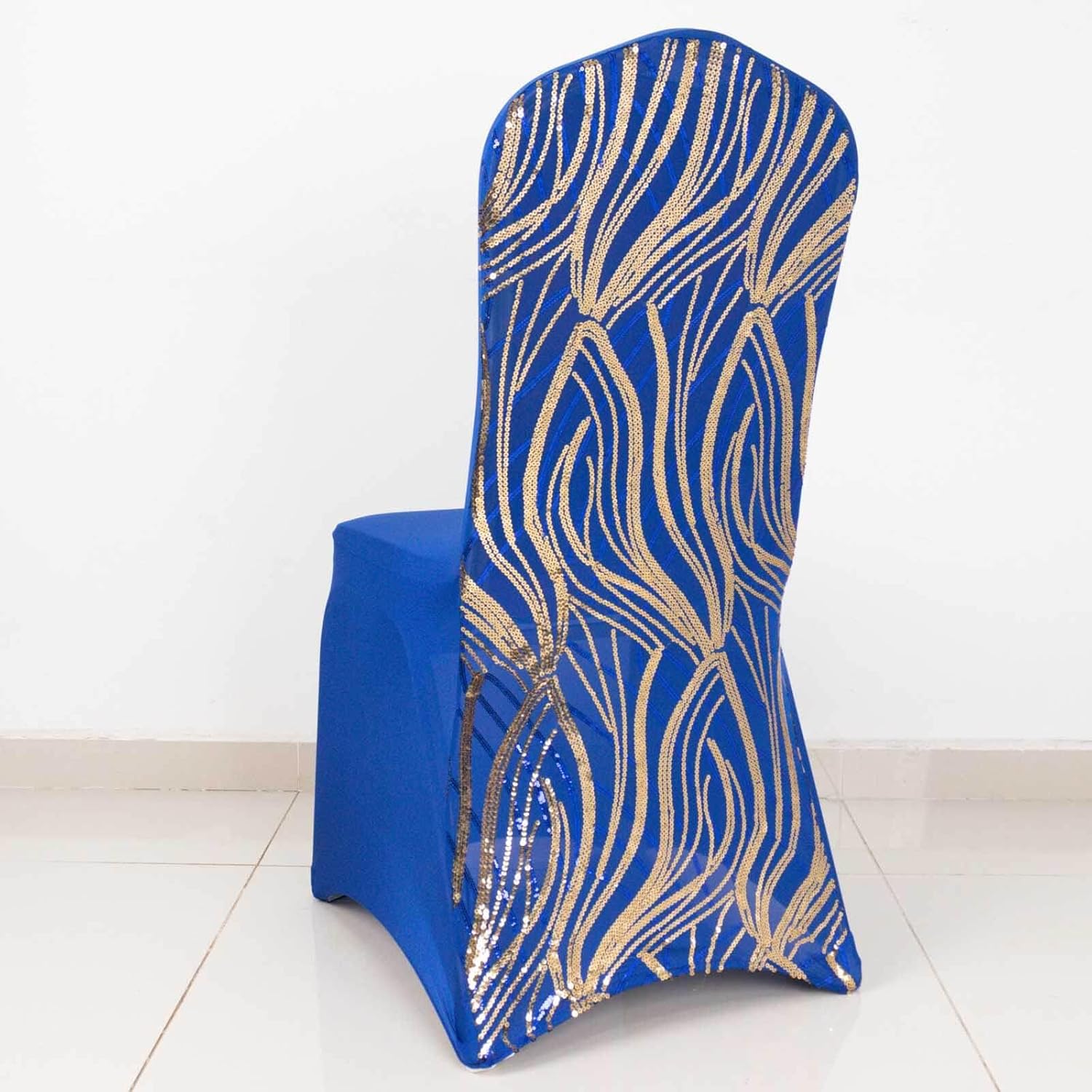 Efavormart 10 PCS Royal Blue Gold Spandex Stretch Banquet Chair Covers for Party Dining Wedding W/Wave Embroidered Sequins W/Foot Pockets Washable Slipcovers for Outdoor Events