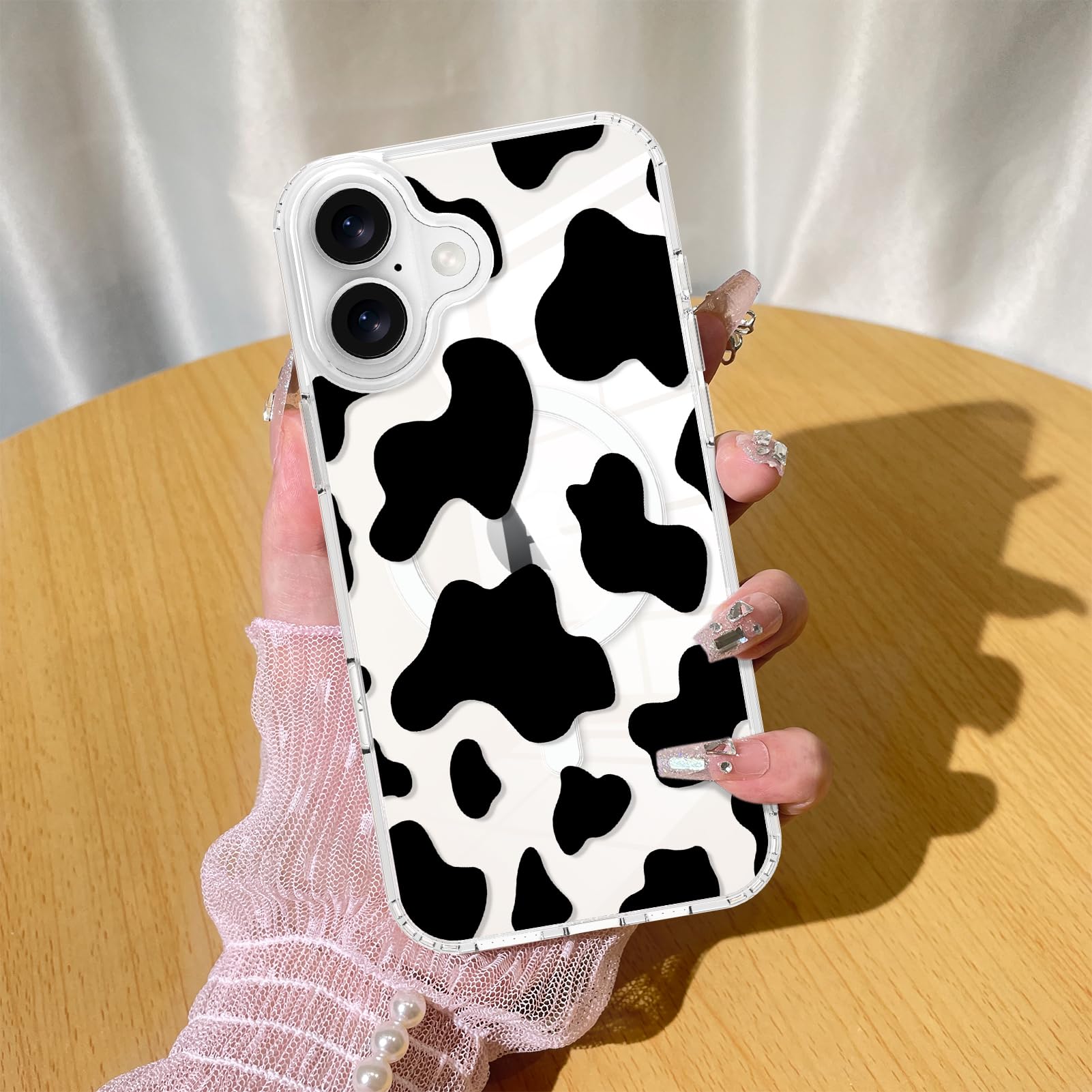 KANGHAR Magnetic Case for iPhone 16 Case Clear Compatible with MagSafe Cute Cow Print Pattern Soft TPU Bumper ShockPlusof Anti-Scratch Slim Phone