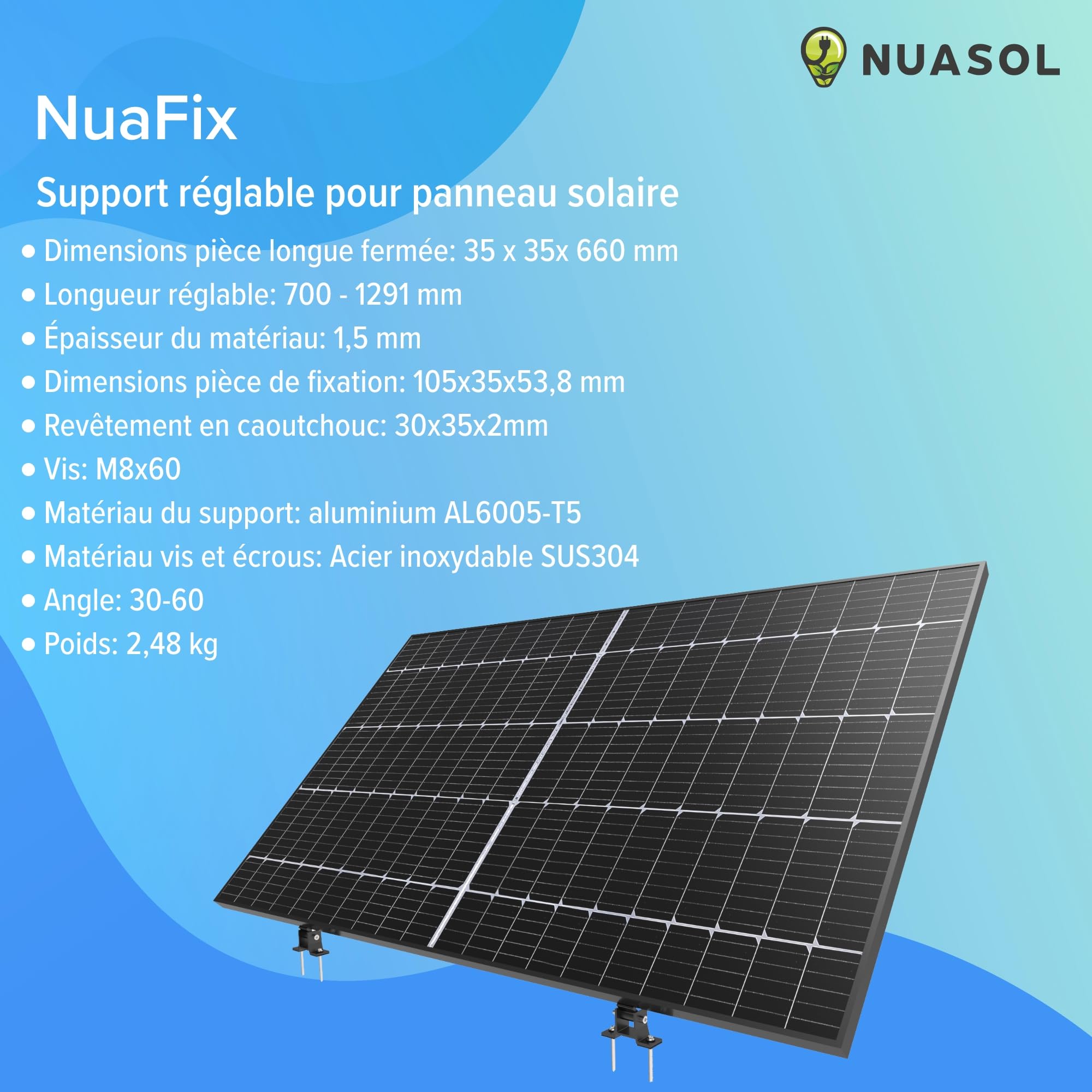 Kit de Fixation pour Centrale Électrique de Balcon | Lot de 4 Supports de Panneaux Solaires | Inclinaison Réglable 30°–60° | Supports Individuels avec Vis & Écrous
