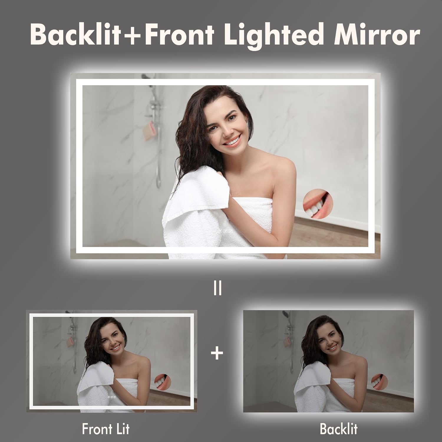 GarveeHome 60x36 LED Bathroom Mirror with Lights, Dimmable, Anti-Fog, Backlit + Front Lit, and 3X Magnification Mirror, Smart Bathroom Vanity Mirror for Wall, Memory Function, Shatter-Proof