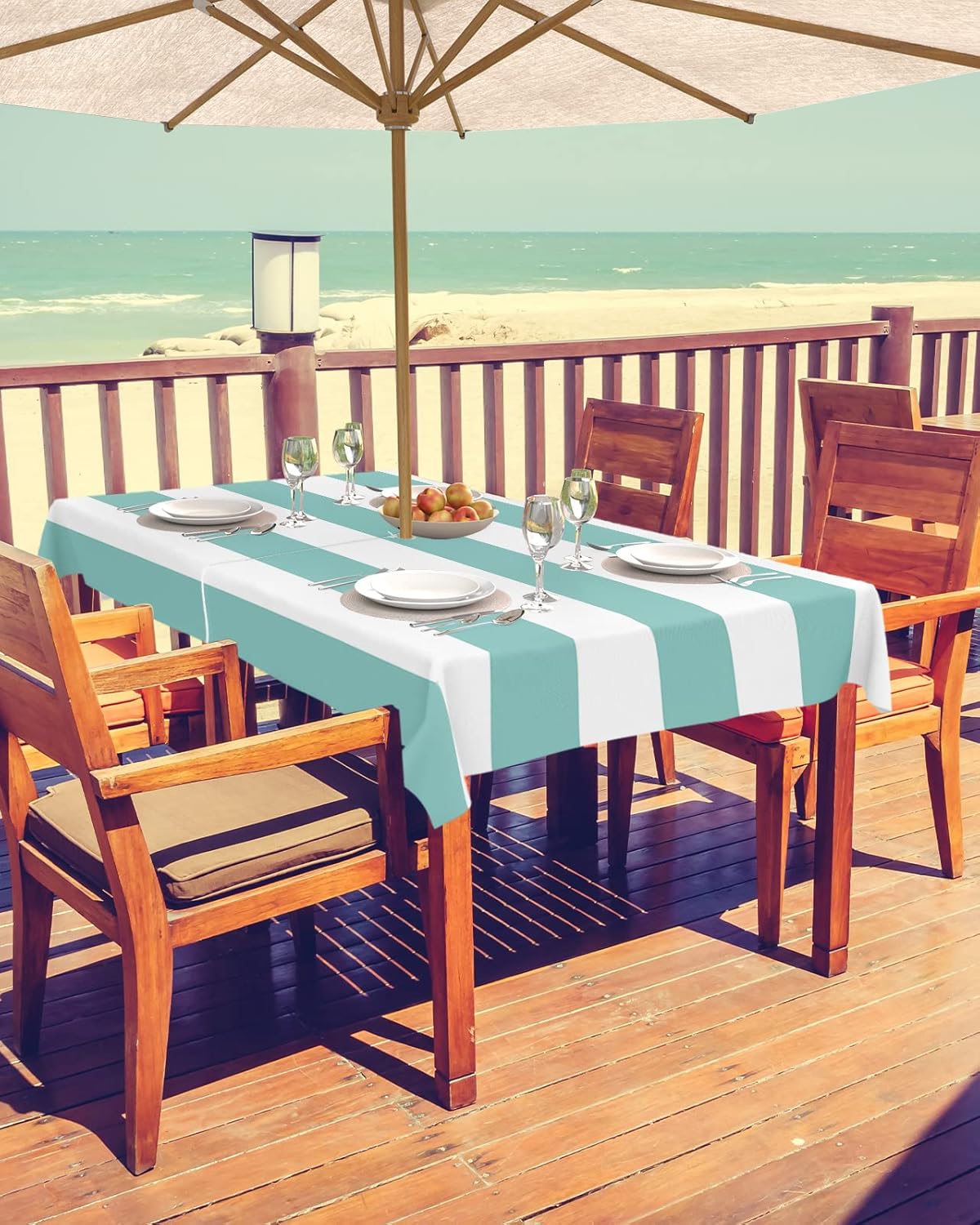 Outdoor Tablecloth with Umbrella Hole and Zipper Classical Stripe Rectangle Tablecloths 60x120 Waterproof Outside Table Cloths Teal Blue Patio Table Cover for Outdoor Tables Picnic BBQS Garden Party