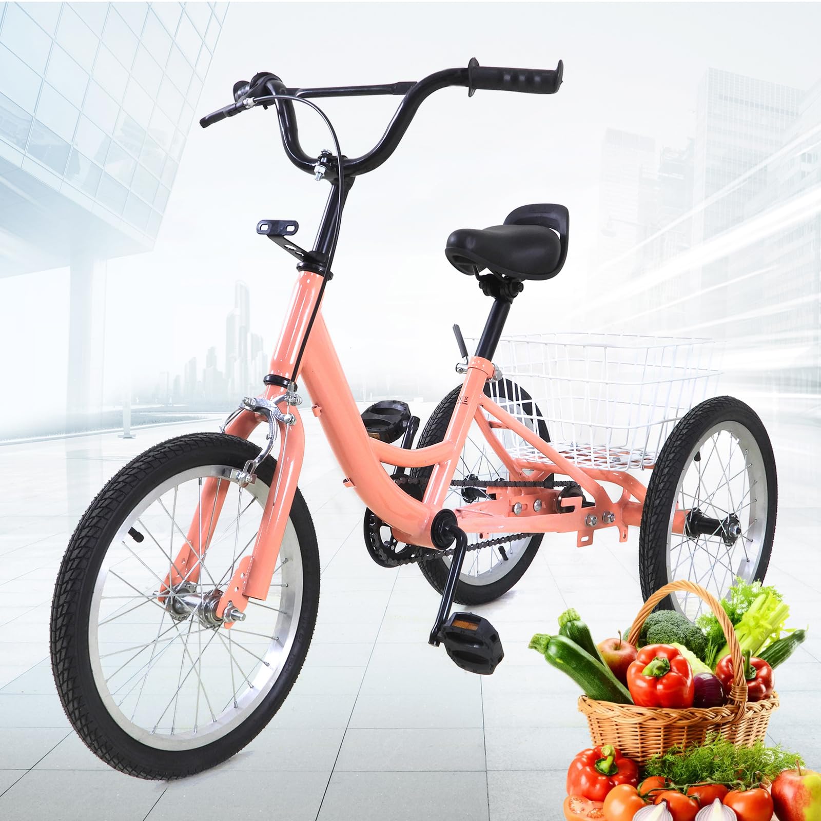 DSYOGX 16" Trikes for Kids, Single Speed 3 Wheels Bike with Large Shopping Basket, Adjustable Handlebar und Saddle Children's Tricycle for 7-10 Years Old Boys and Girls, Light Orange