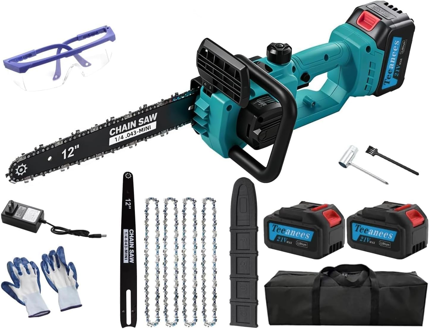 12" Brushless Cordless Chainsaw with 2x4.0Ah Batteries, 1200W High Power Electric Chainsaw with Auto Oiler & 4 Chains, 14m/s Fast Cutting Portable Saw for Tree Pruning & Yard Work (Blue)
