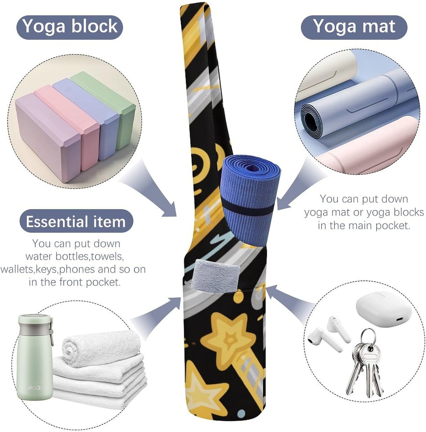 Printed Full-Zip Yoga Mat Bag with Pockets - Yoga Mat Carrier Sling Storage Applies to Yoga Mats for Women & Men