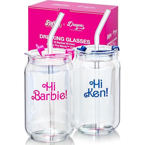 Dragon Glassware x Barbie The Movie - 16 oz Glass Cups with Lids and Straws, Set of 2 - Iced Coffee Cups with Lids - Glass Tumbler with Straw and Lid for Hot, Cold Drinks - Hi Barbie! Hi Ken!