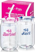 Dragon Glassware x Barbie The Movie - 16 oz Glass Cups with Lids and Straws, Set of 2 - Iced Coffee Cups with Lids - Glass Tumbler with Straw and Lid for Hot, Cold Drinks - Hi Barbie! Hi Ken!