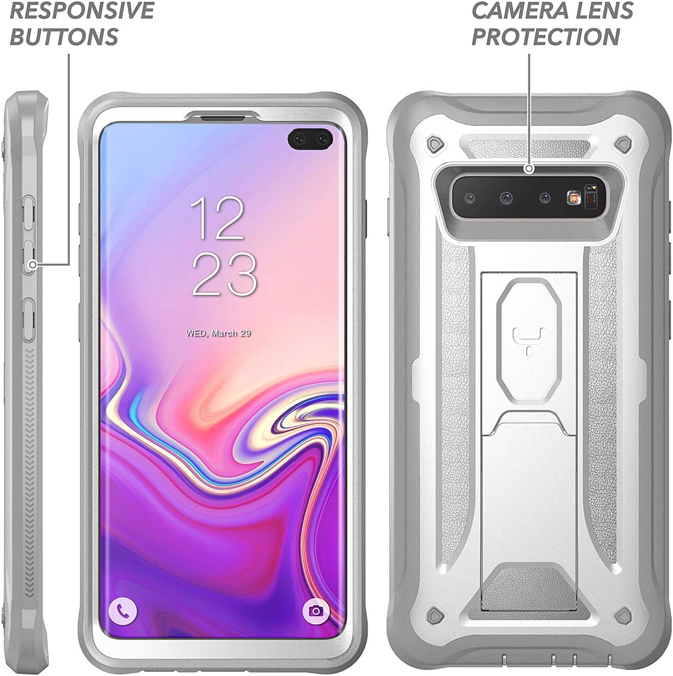 YOUMAKER Kickstand Case for Galaxy S10+ Plus, Heavy Duty Protection Full Body Shockproof Slim Fit Without Built-in Screen Protector Cover for Samsung Galaxy S10 Plus 6.4 inch - White