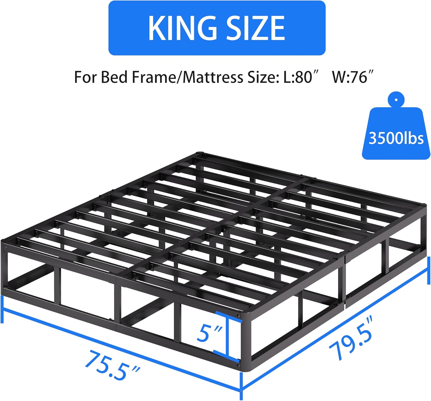 JWIFSEF King Size Box Spring 5 Inch Mattress Foundation, Heavy Duty Steel Frame Bed Base with Fabric Cover, Low Profile Easy Assembly, Supports Up to 3500lbs