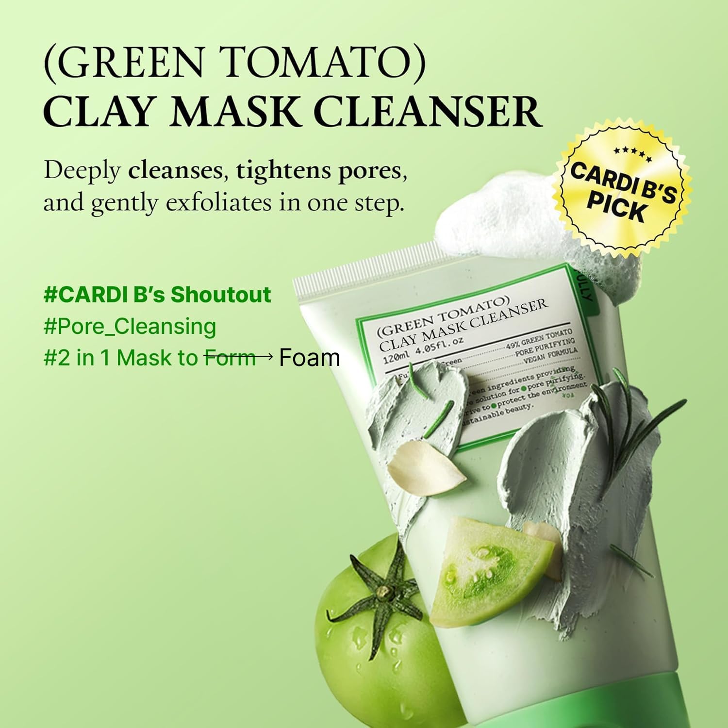 FULLY Green Tomato Facial Cleanser, Cardi B’s Clay Mask Cleanser for Deep Pore Cleanse & Pore Detox, Blackhead & Sebum Control, 49% Green Tomato Extract, Gentle Face Wash for Women, Korean Skincare - Image 2