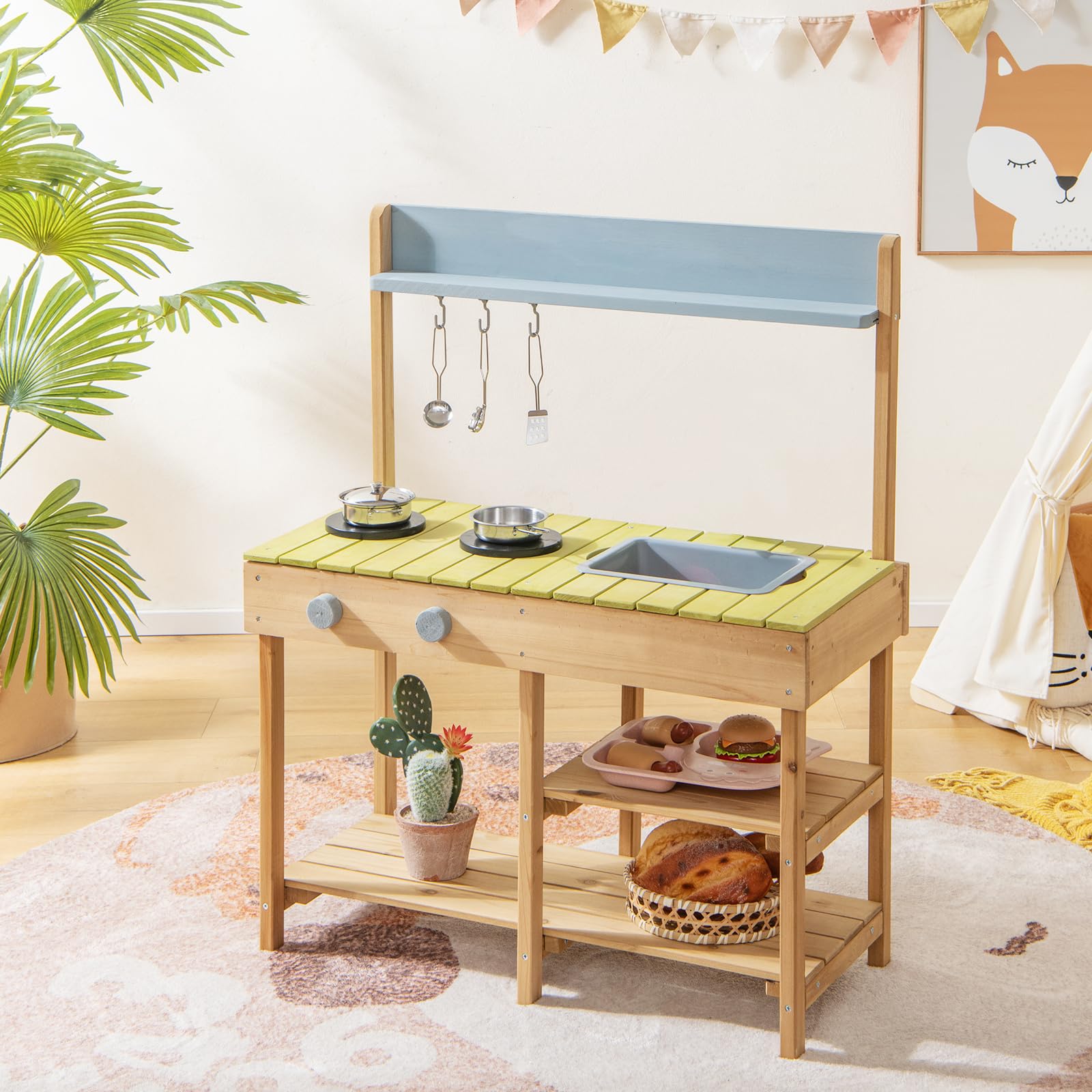 DREAMADE Matschküche für Kinder, Spielküche Outdoor mit 2 Herdplatten, abnehmbarem Spülbecken, Regalen & Haken, kreatives Küchenspielzeug für Kinder ab 3 Jahren, für Hof, Garten