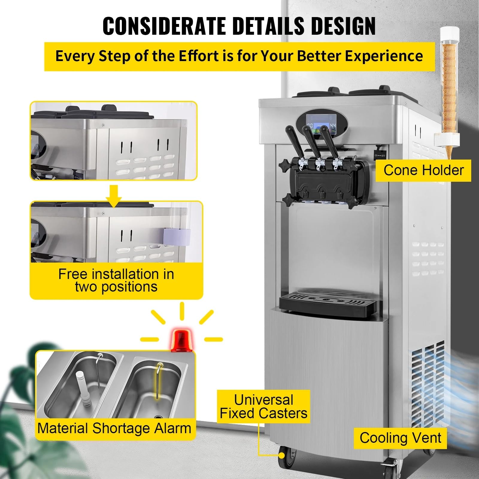 Machine à Crème Glacée Commerciale 20-28L/h 2200W 3 Saveurs, Soft Machine à Glace Italienne Trémie 2x4,3 L, Panneau LED à Nettoyage Automatique, Réfrigération de Nuit, pour Yaourt Café Snack-Bar