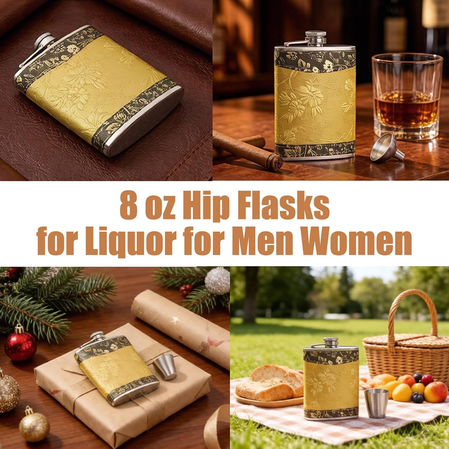 Glossy Gold Flower Leather Hip Flasks with Funnel, 8 oz Hip Flask for Liquor for Women
