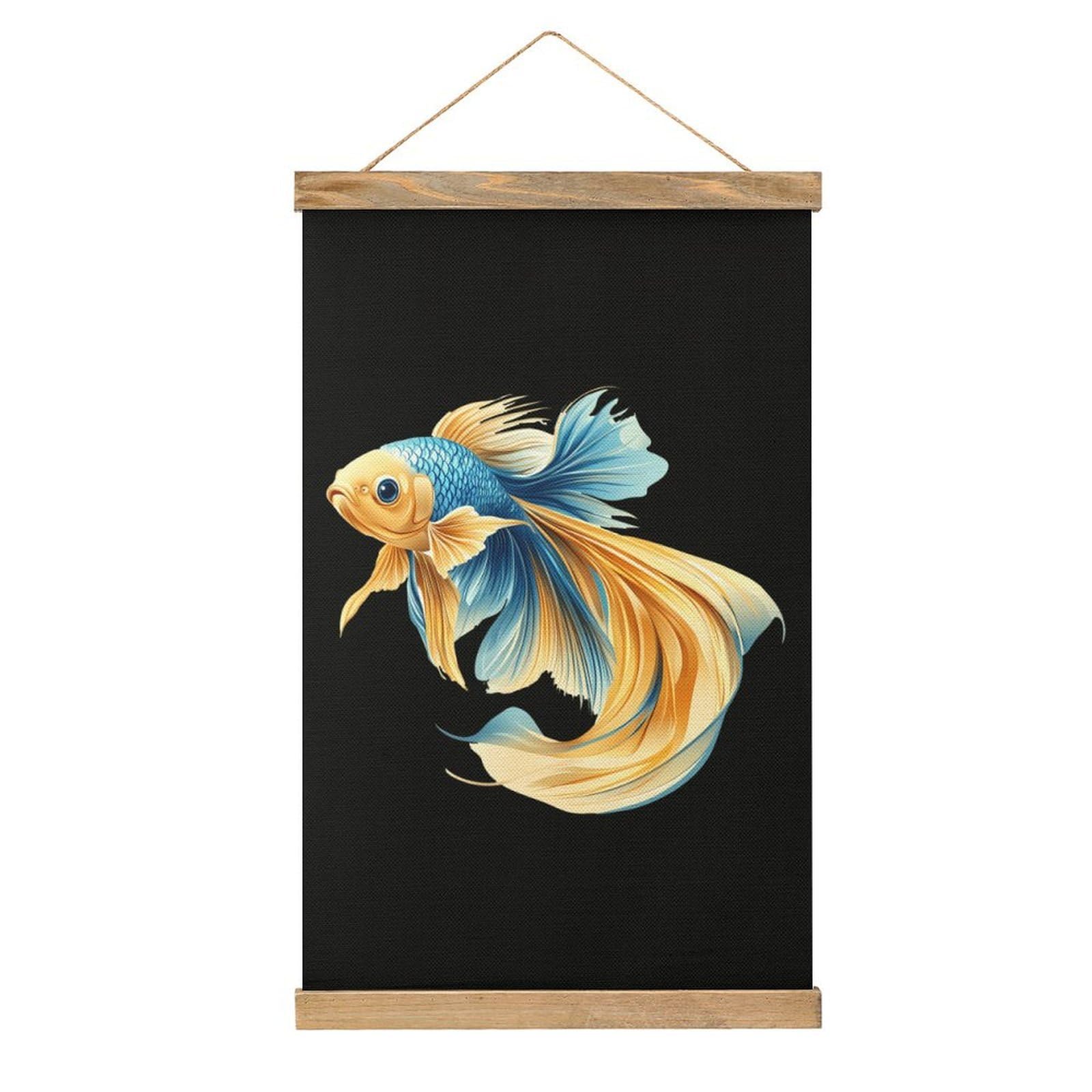CGSBNGHA Gold Blue Betta Fish Wall Art Prints Linen Hanging Painting Scroll Paintings Pictures Decor for Home