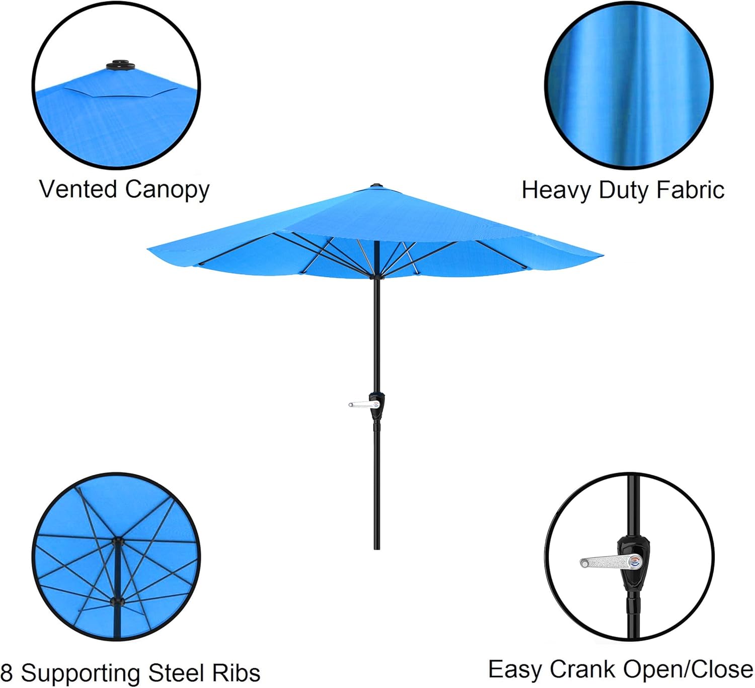 Pure Garden Patio Umbrella with Vented Canopy - 9FT Easy Crank Outdoor Umbrella for Shade - For Deck, Balcony, Backyard, or Pool (Brilliant Brilliant Blue)