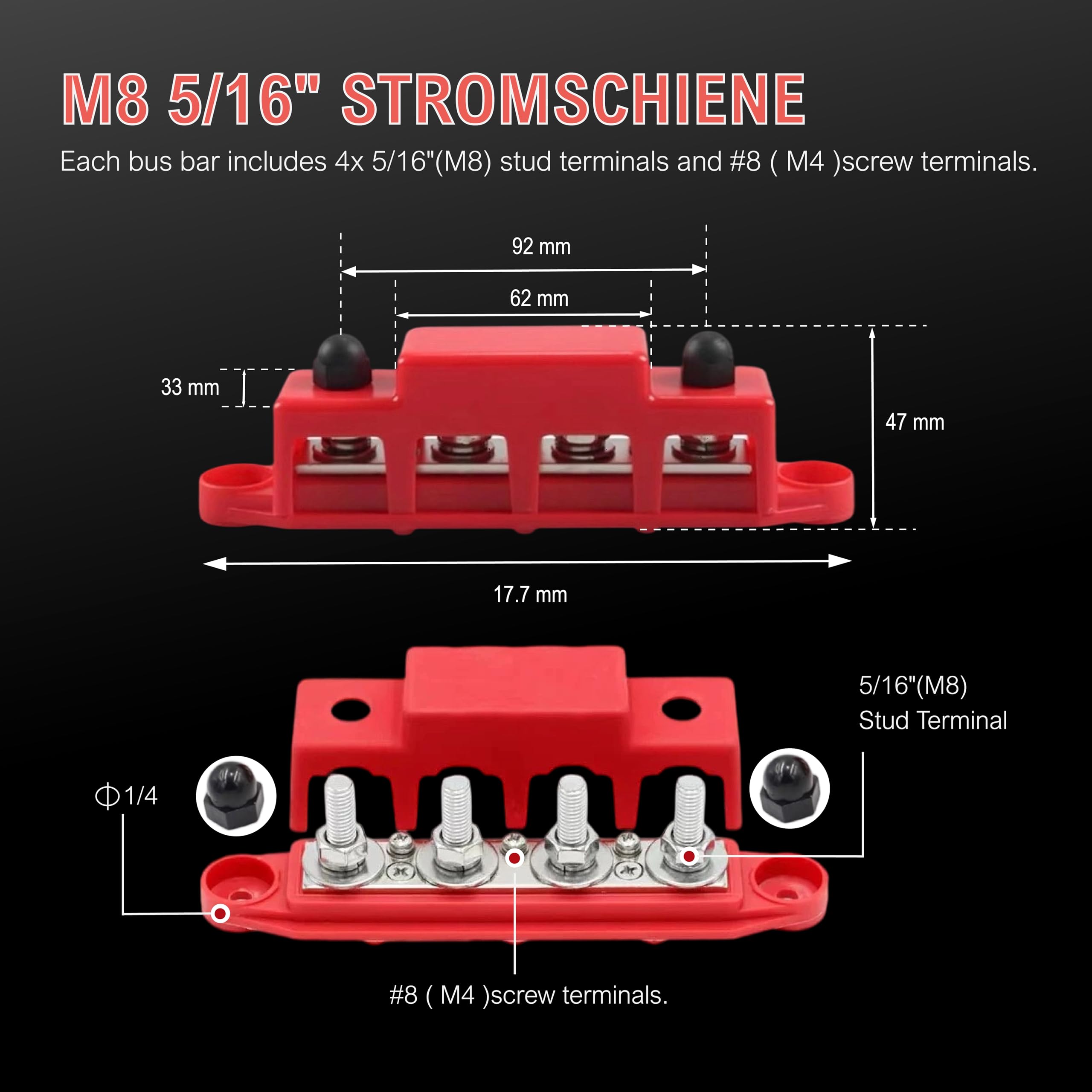250A DC M8 Sammelschienen-Verteilerblock 12V-48V – 4x M8 Klemmenbolzen – Stromverteiler für Wohnmobile, Boote, LKW, Solaranlagen – Hochleistung