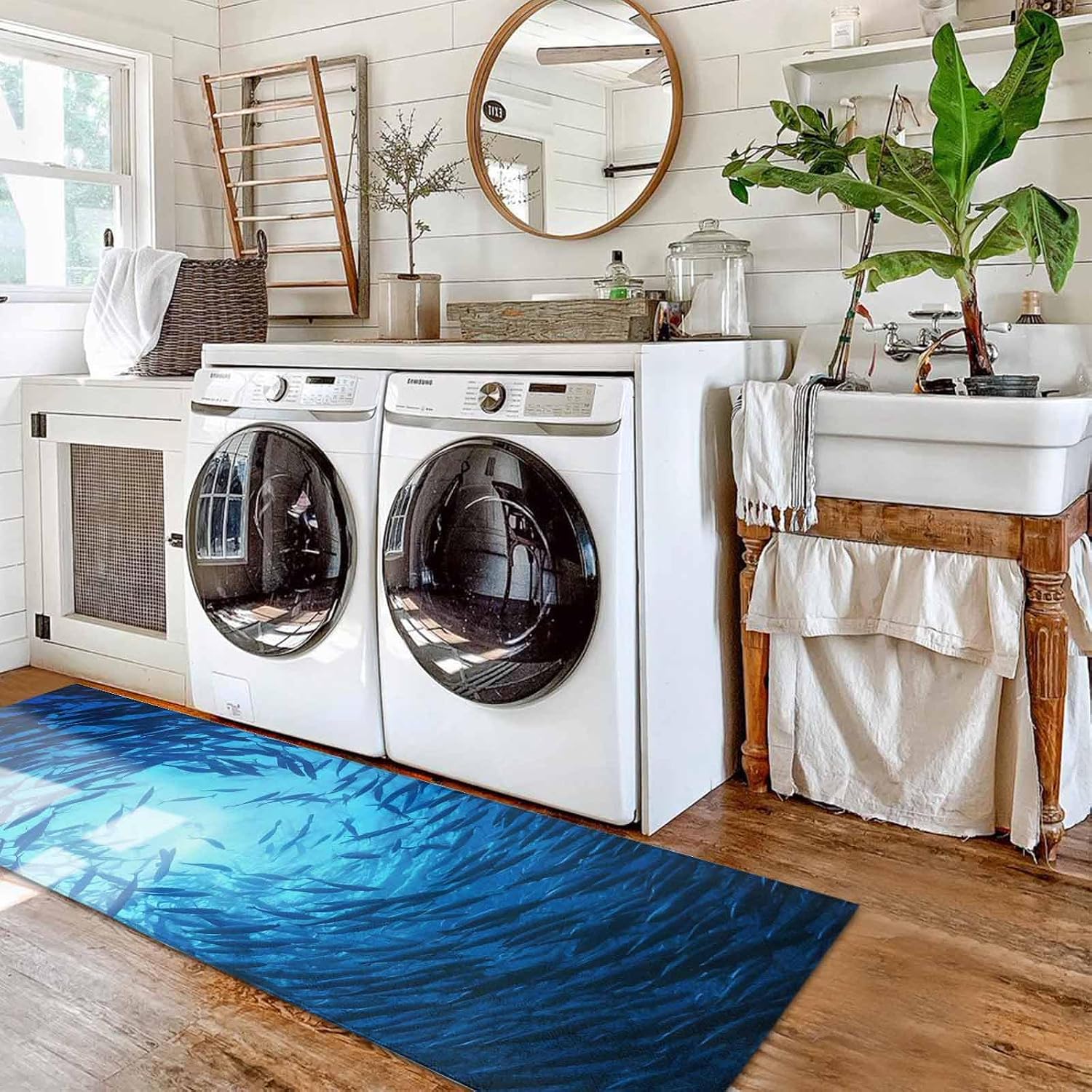 Kitchen Mats for Floor Underwater Blue School of Fish Washable Non Slip Kitchen Rugs 2PCS, Turquoise Marine Life Absorbent Standing Mats for Sink Bathroom Office Living Room 15.7x23.6in+15.7x47.2in