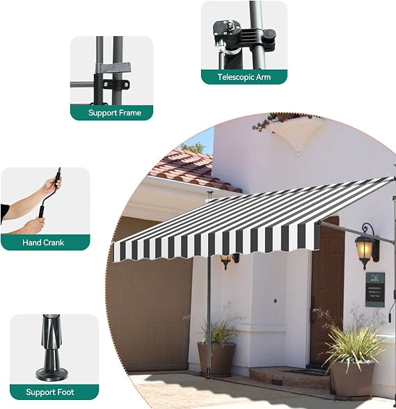 Manual Retractable Awning, Outdoor Patio Awning Sunshade Shelter, Height Adjustable Retractable Awning, UV Protection, for Backyard, Garden, Balcony 2M B-White-Bracket