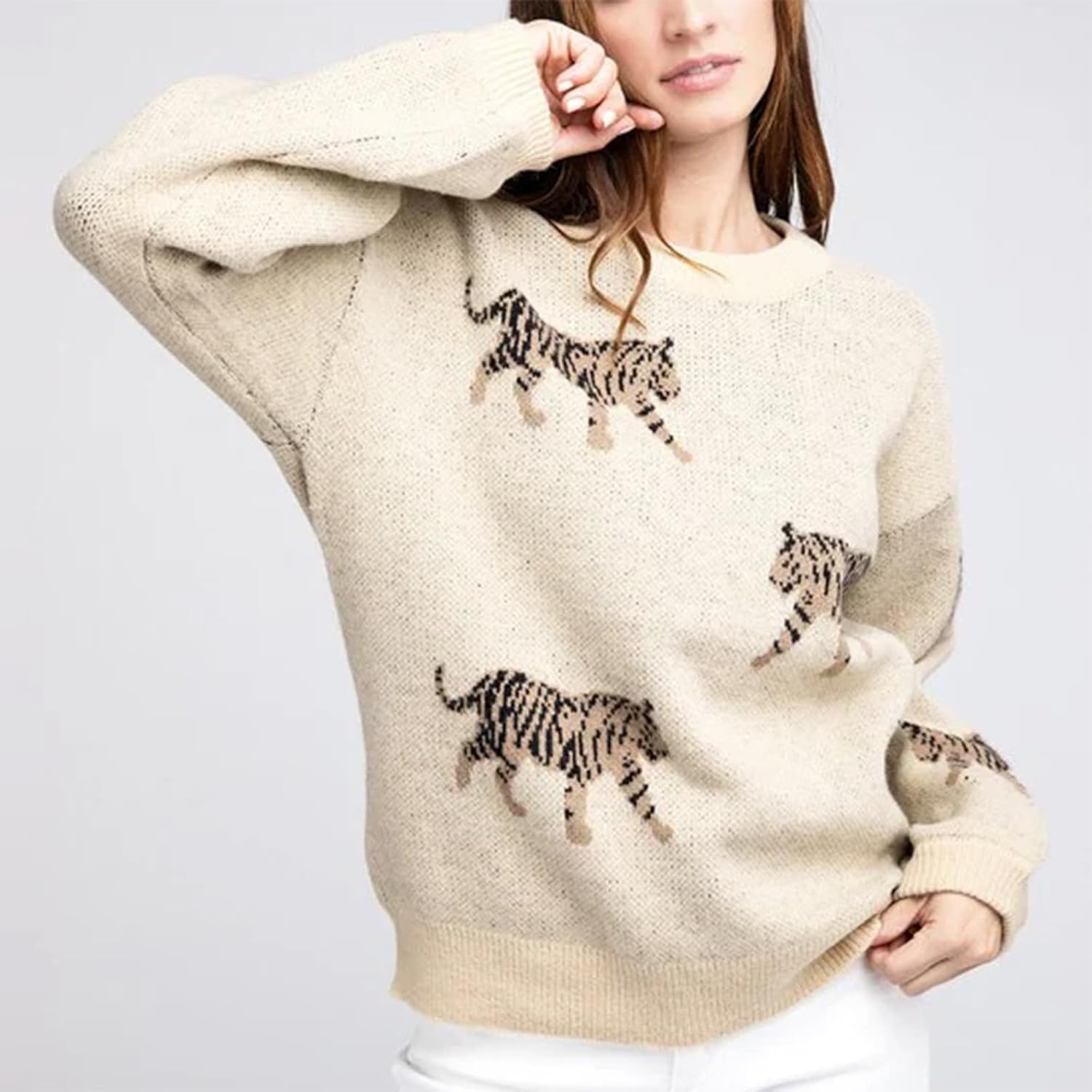 Women Oversized Knit Sweater Tiger Print Long Sleeve Pullover Tops Aesthetic Clothes Streetwear Knitwear - Image 2