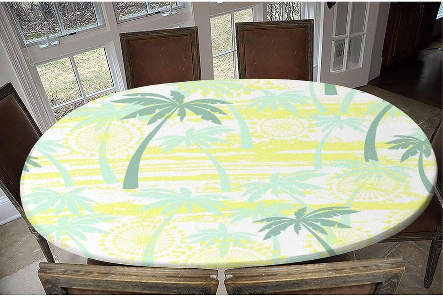 Elastic Edge Polyester Fitted Oval Tablecloth,Seamless Pattern with Palm Trees, Washable Wipeable Table Cover, for Outdoor Picnic Camping and Indoor Kitchen Dining Party,Fits for 48 x 68”Oval table