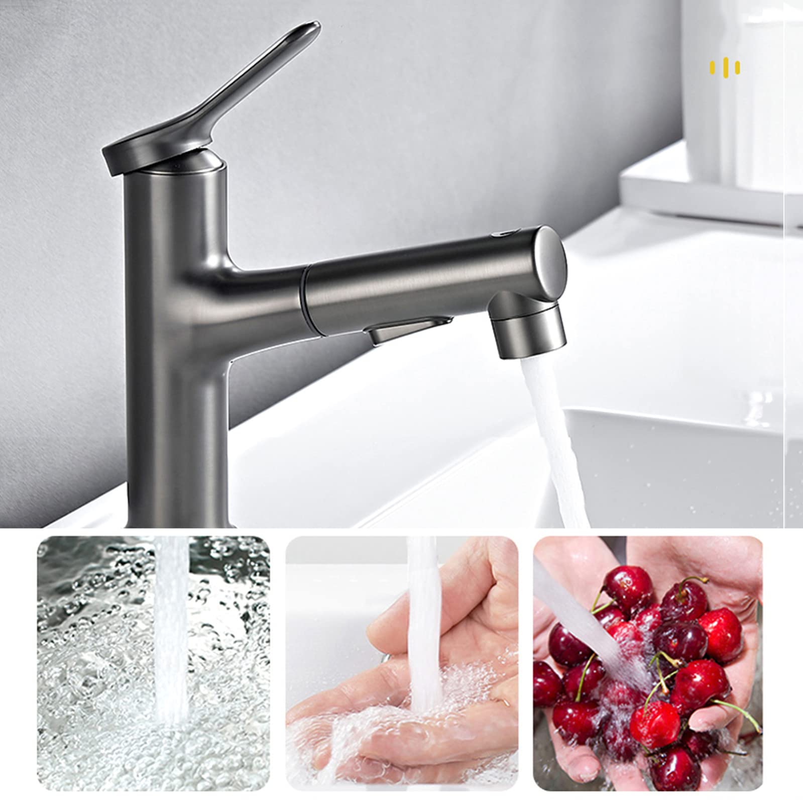Waschtischarmatur mit ausziehbarer Brause, Zwei Betriebsarten, ausziehbarer Mischbatterie aus Messing für Warm- und Kaltwasser, Einhebelmischer mit Ausziehbrause, Grau (Farbe: Gris