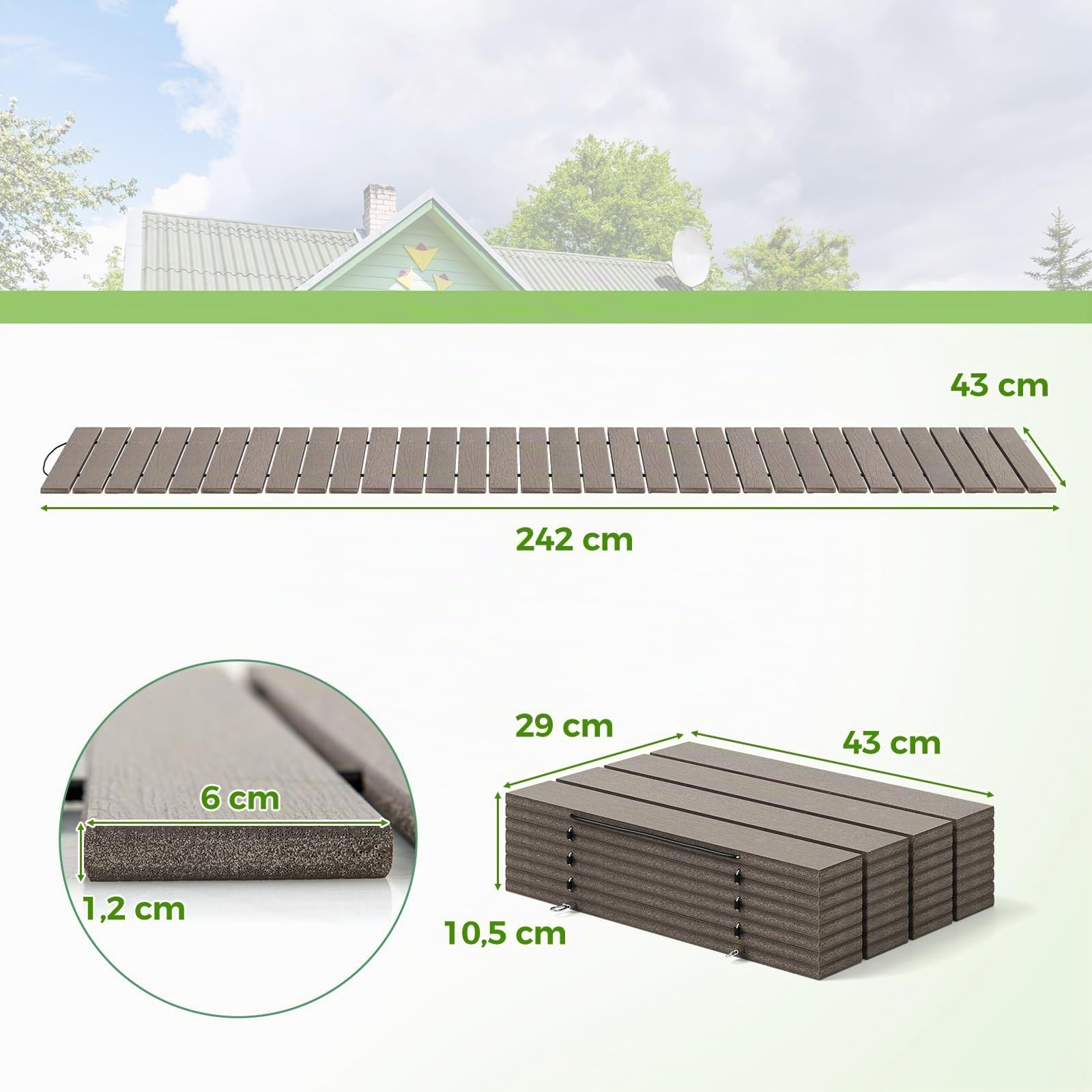 COSTWAY Rollweg aus HDPE, 242 x 43cm Gehweg ausrollbar, Gartenweg wetterfest, Gehwegplatte Trittplatte für Hochzeit, Party, Garten, Grau