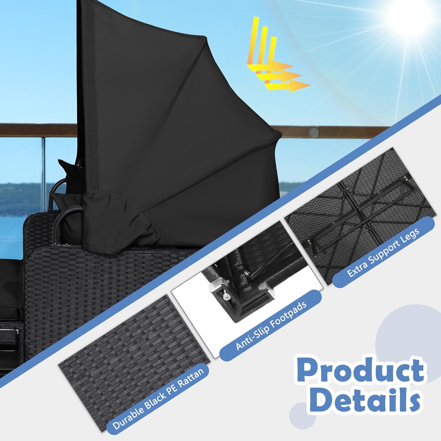 Moccha Outdoor Daybed with Retractable Canopy, Wicker Cabana with 2 Side Tables & Soft Cushions ,Hand-Woven PE Rattan Bed Lounger, Patio Sectional Furniture Set for Garden Backyard Porch (Black)
