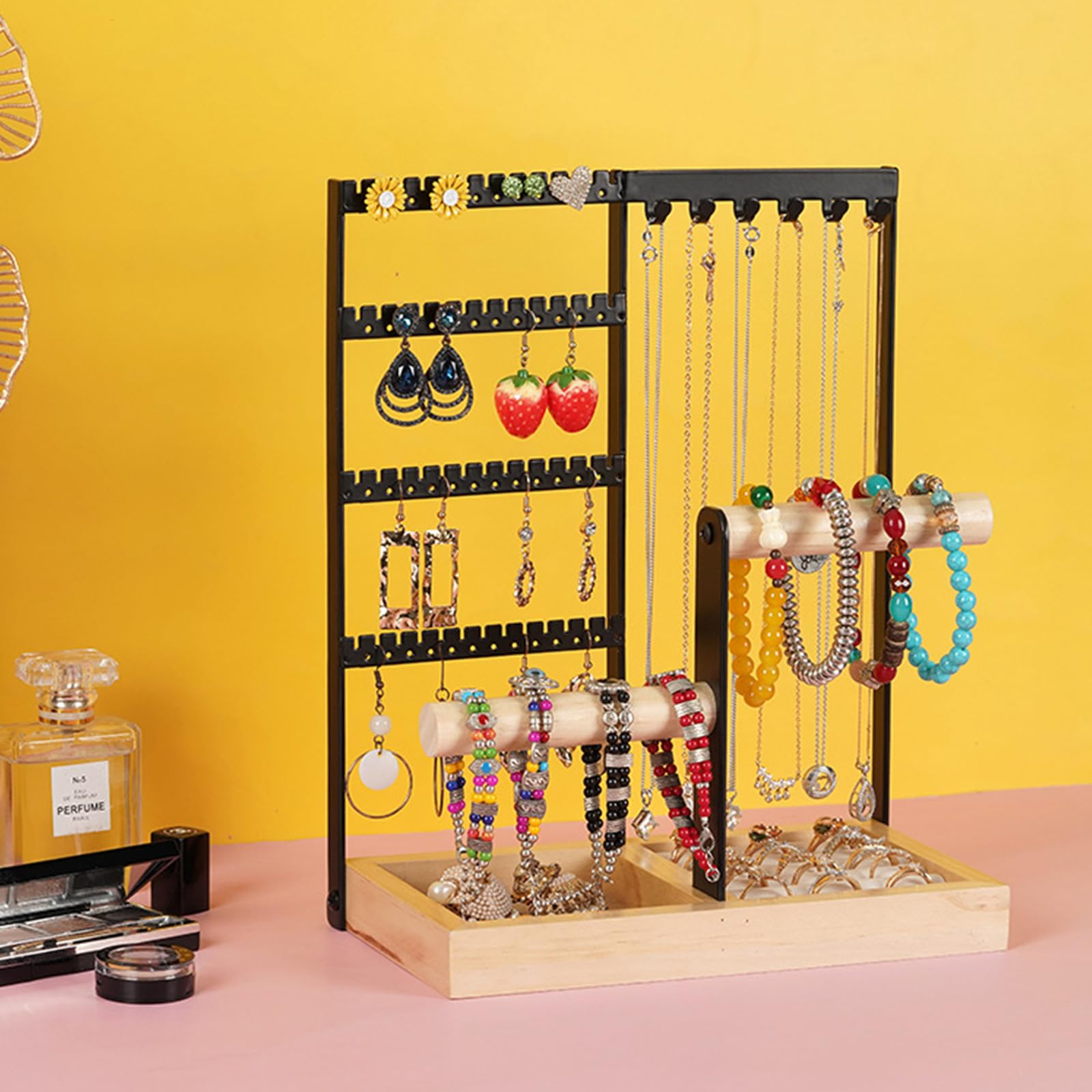 Porte Bijoux Présentoir à Bijoux en Metal et Bois Durable,Porte-Bijoux avec Plateau et Crochets,porte collier,Rangement Bijoux pour Chaînes Boucles d'Oreilles Bagues Bracelets Montres