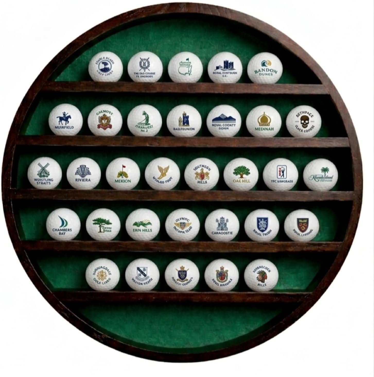 Golf Ball Display Case for 32 Balls – Modern Golf Decor ft. 18” Moon Shelf Design, Solid Wood, Wall Mounted, Dark Brown Finish – Golf Ball Holder & Display Cases for Collectibles