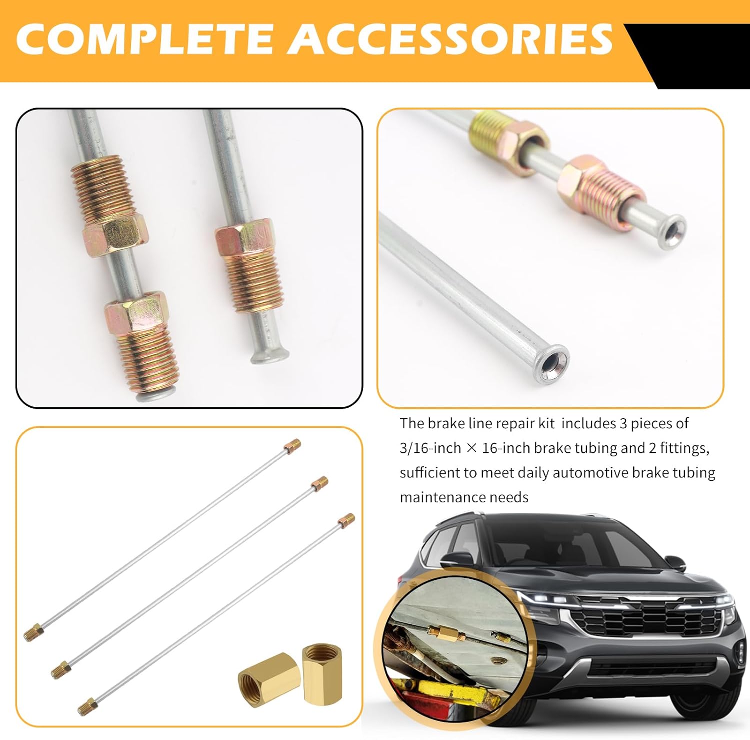 3PCS 3/16 Rear Brake Line,16 Inch Steel Brake Line with Inverted Dual Connectors & 2 Brakes Lines Fittings,Essential Brakes Lines Repair Kit Car Accessories for Cars,Trucks,SUVs