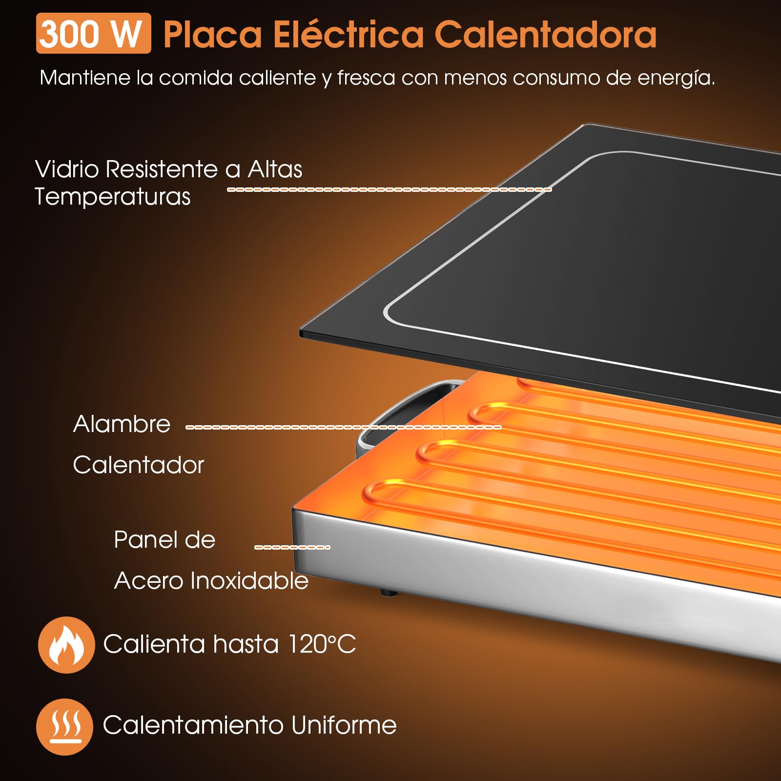 GOPLUS Bandeja de Calentamiento para Comida, Bandeja Eléctrica Calentadora con Control de Temperatura Ajustable, Superficie de Vidrio Templado Resistente al Calor, Bandeja Calentadora