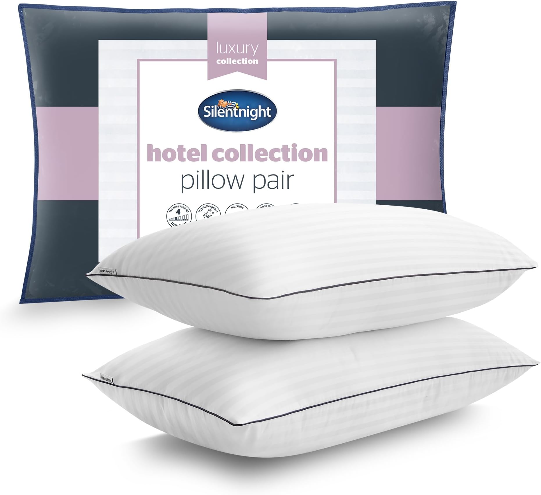 Silentnight Luxury Hotel Collection Piped Pillow - Hotel Quality Stylish Pillow Soft Medium Support for Back & Side Sleepers - Filled with Finest Fibres, Hypoallergenic and Machine Washable, Pack of 2