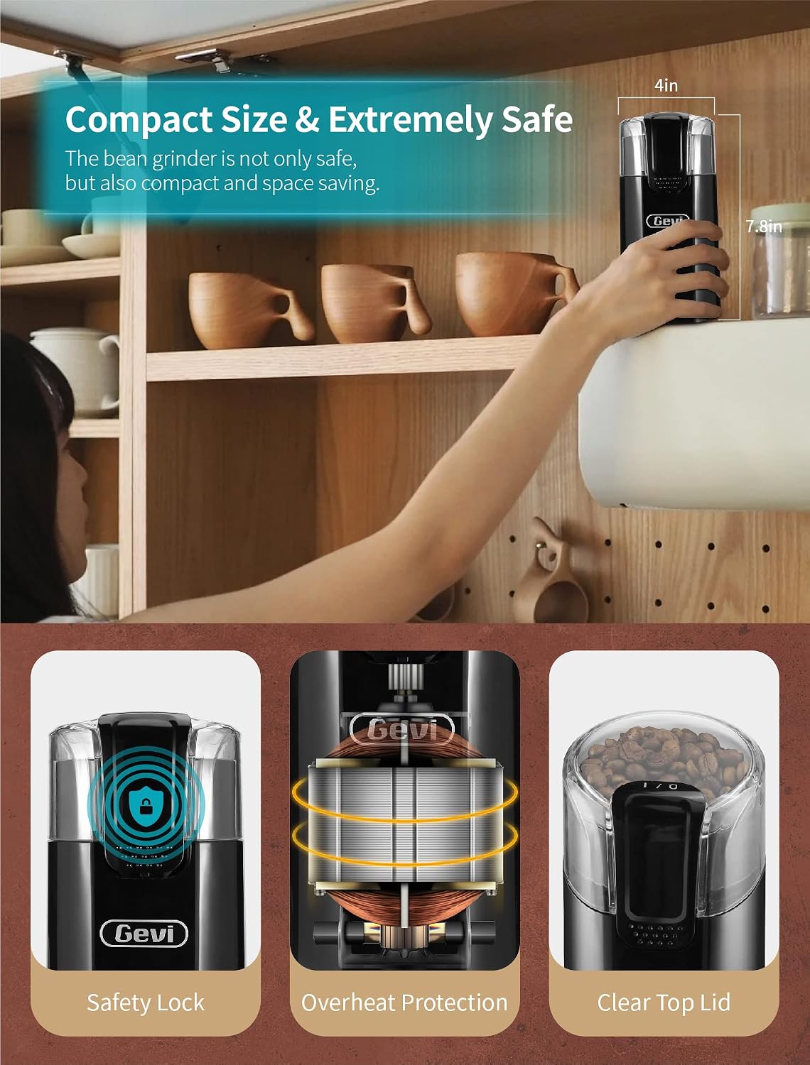Gevi One-Touch Button Electric Coffee Grinder Coffee Bean Grinder for Coffee Espresso Latte Mochas, Noiseless Operation. GECGI140-U-1