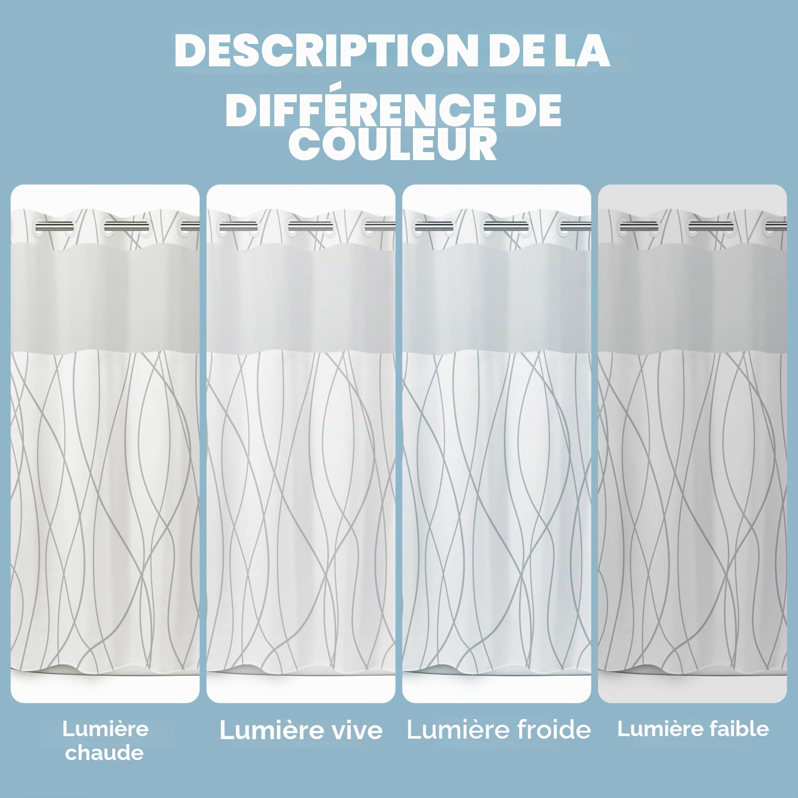LXBNI Rideau de Douche à Rayures Grises et Blanches sans Crochet avec Doublure en Tissu – Ensemble de Rideau de Douche d'hôtel et Doublure avec fenêtre supérieure en Maille Transparente, Lavable en
