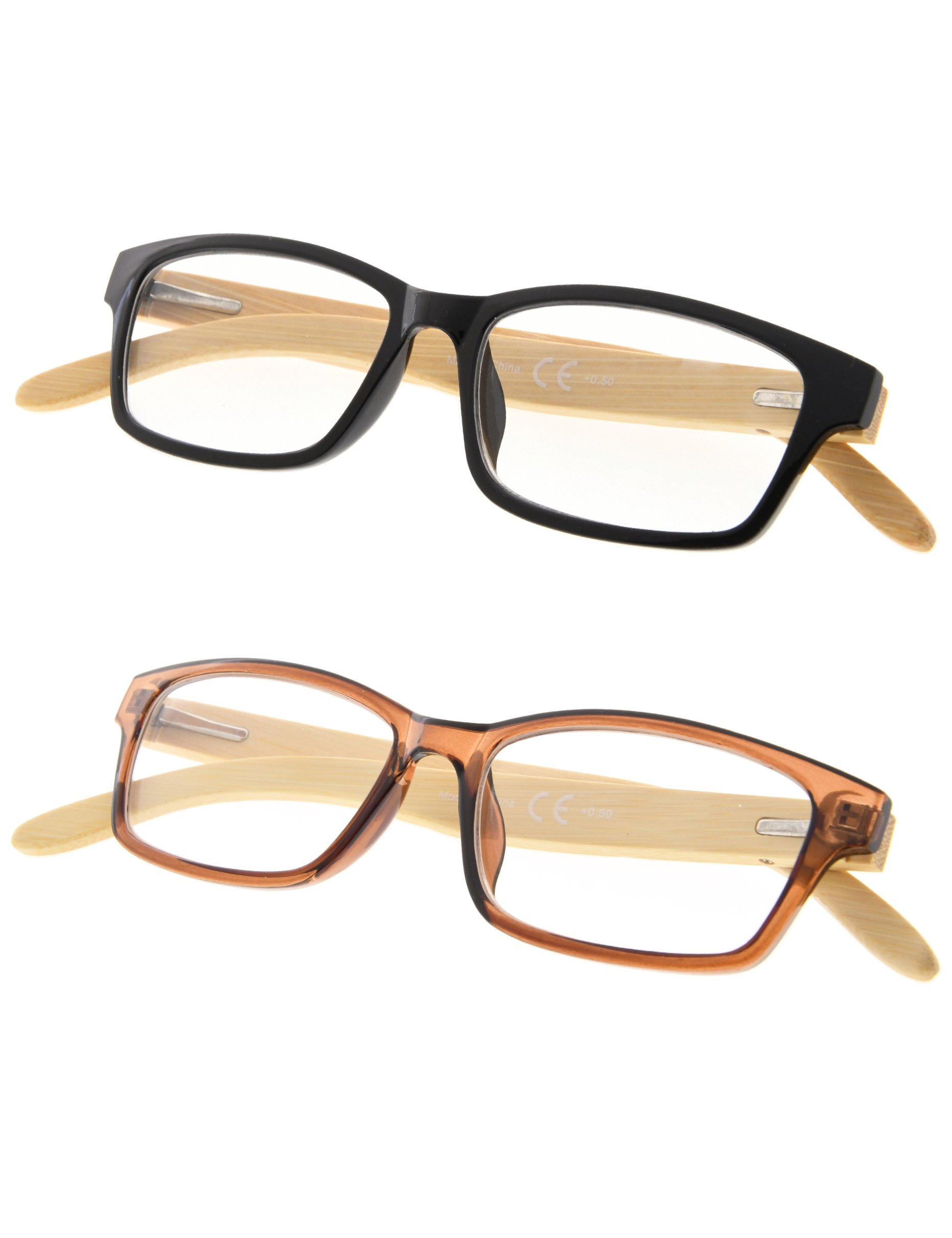 2-pack Spring Hinges Bamboo Temples Eyeglasses without Strength +0.00