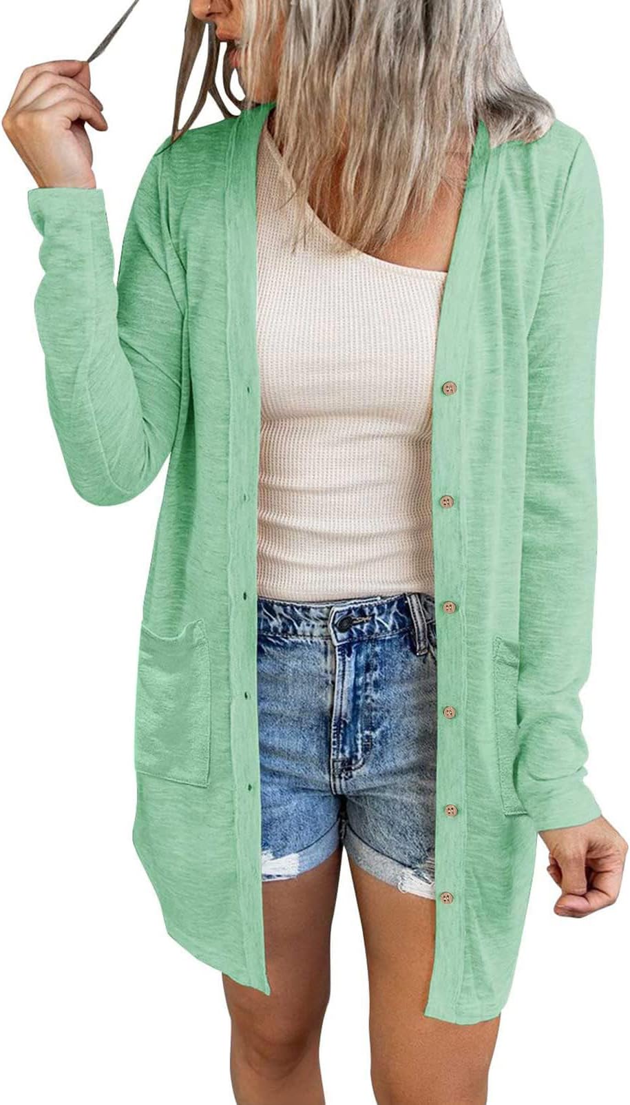 Women's Lightweight Cardigan Summer Long Open Front Button Down Trendy Loose Outwear with Pockets