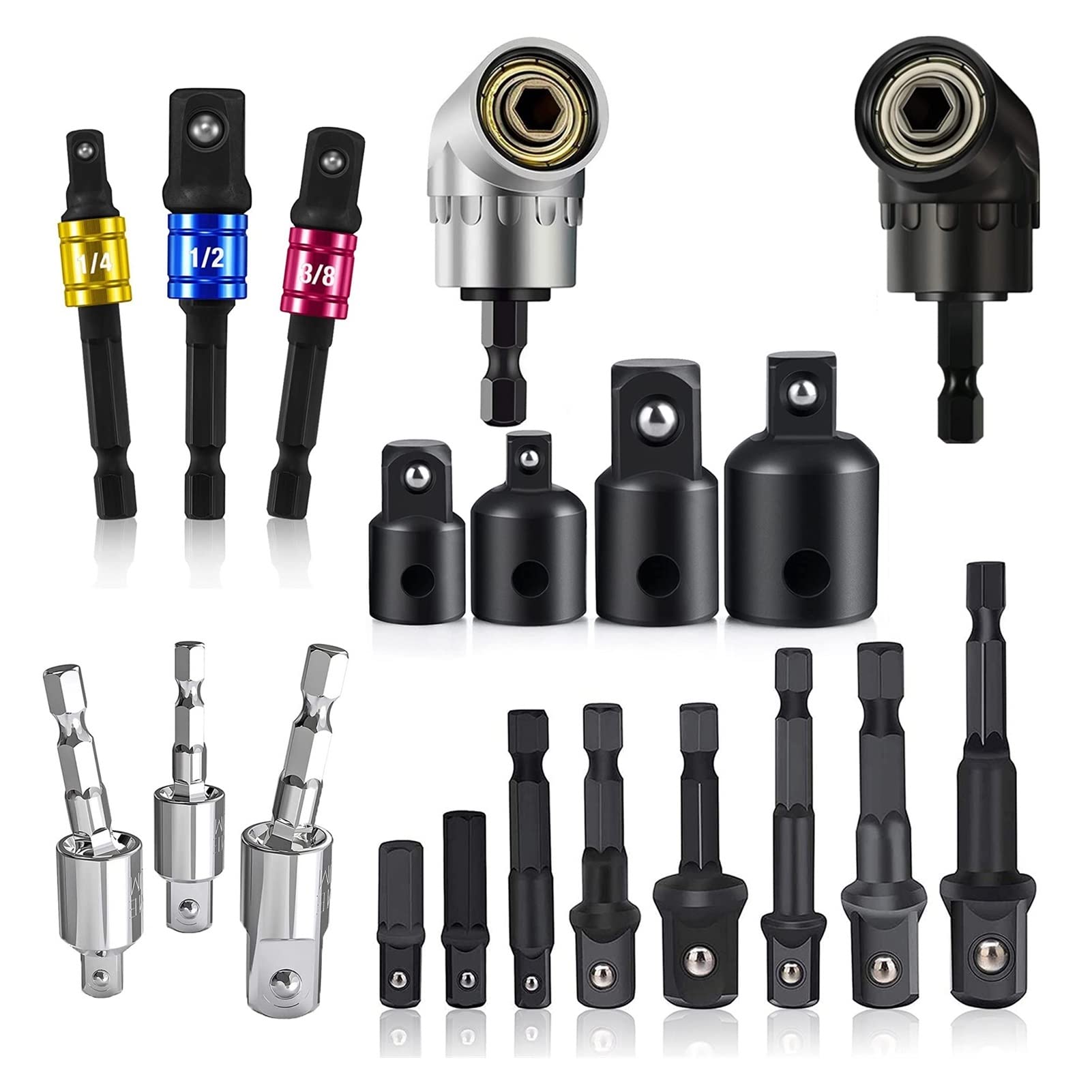 Zestaw adapterów tulei uderzeniowej, Zestaw adapterów do wiertarki, gniazd wiertarskich, bitów kątowych 105° i reduktorów(20pcs)