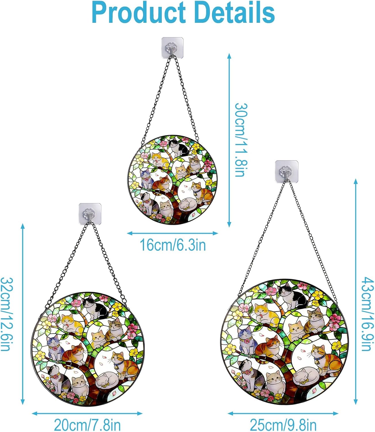 Cat Stained Glass Window Hanging - A Few Kittens in Colorful Tree of Life on a Branch Suncatcher for Doors Home Decoration and Christmas, Mother's Day Birthday for Women Men Mom 6.3x6.3 inch