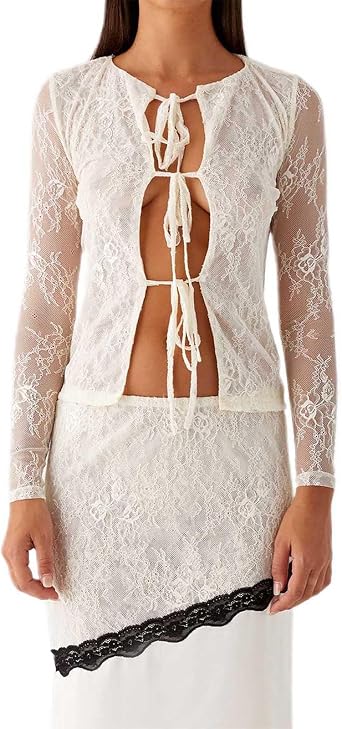 Nicoxijia Womens Y2k Sexy Open Front Tie Long Sleeve Ruffle Trim Lace Tops See Through Sheer Mesh Crop Top Blouses Streetwear