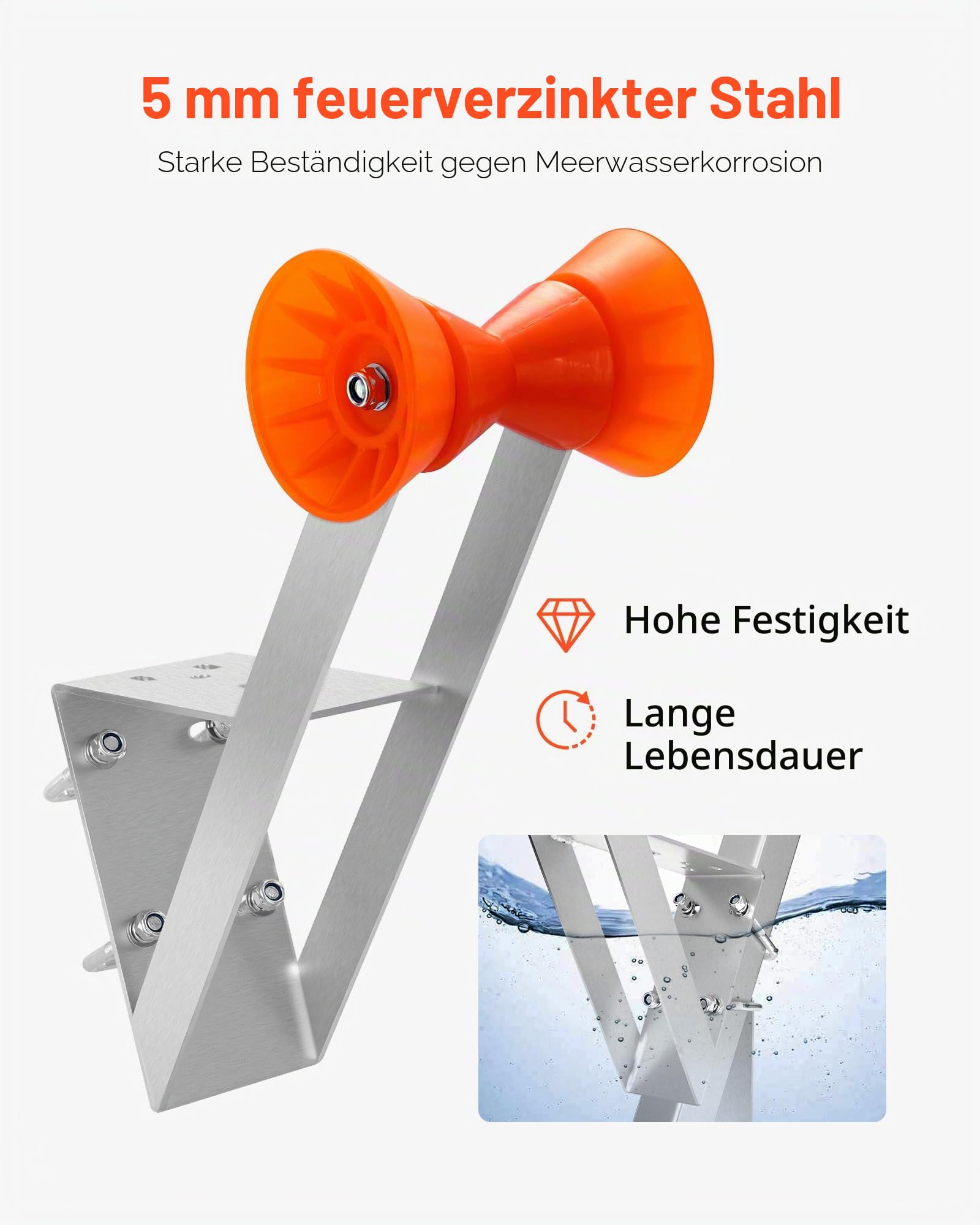 VEVOR Bootsanhänger-Sitz mit Rolle, 50,8–76,2 mm Windenpfosten, Windstand mit orangefarbener TPU-Rolle & U-Bolzen, geeignet für Jetski, Segelboot, Fischerboot, Schnellboot (verzinkt), Silber